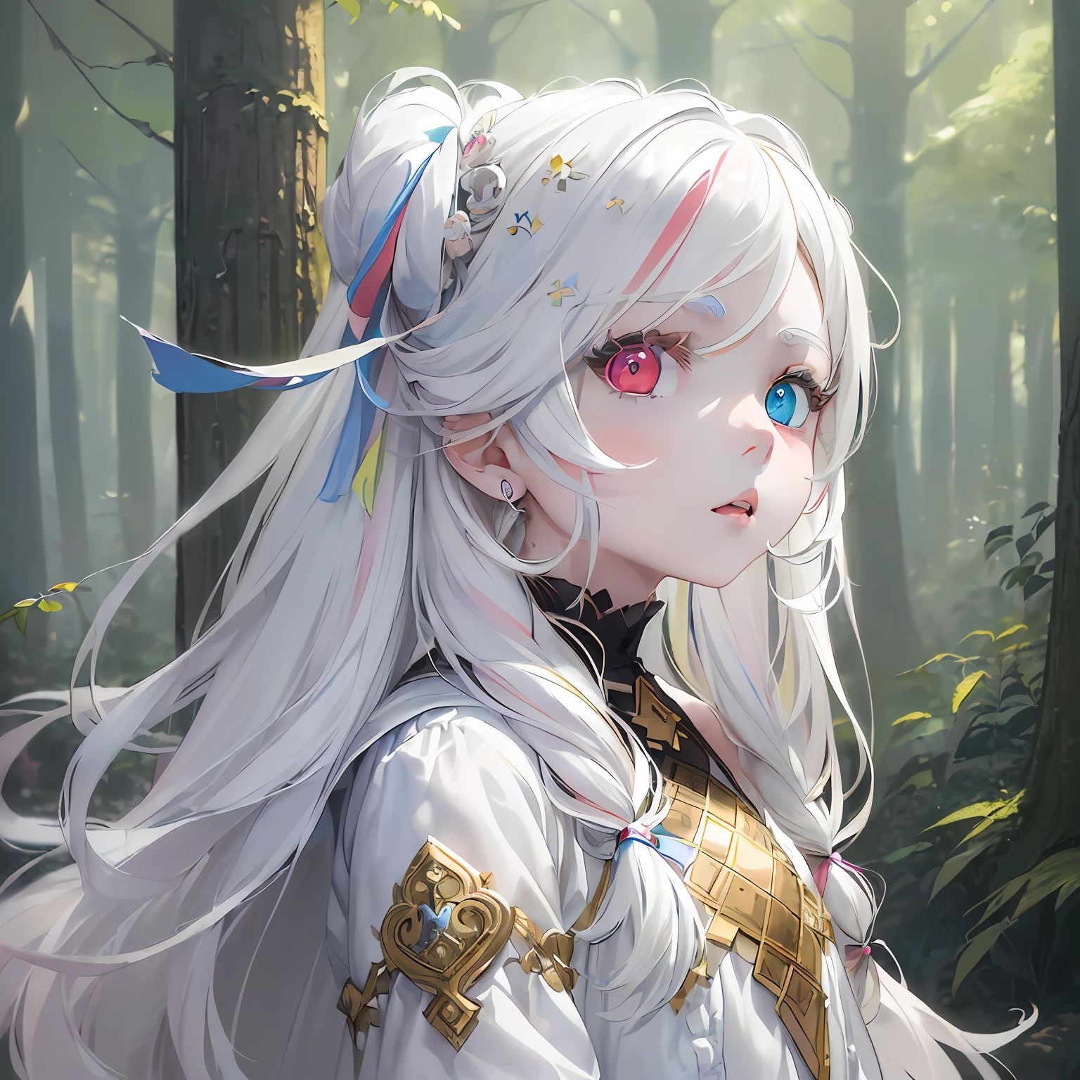 (masterpiece:1.3), (artwork:1.2), (best desinger), (simple and soft colors), (soft color palettes:1:1), (1girl:1:2), (long white hair:1.3), (colored eyes, multicolored, heterochromia:1.4), white skin, in an extremely detailed CG setting of a forest with soft dark neutral lighting. --s2