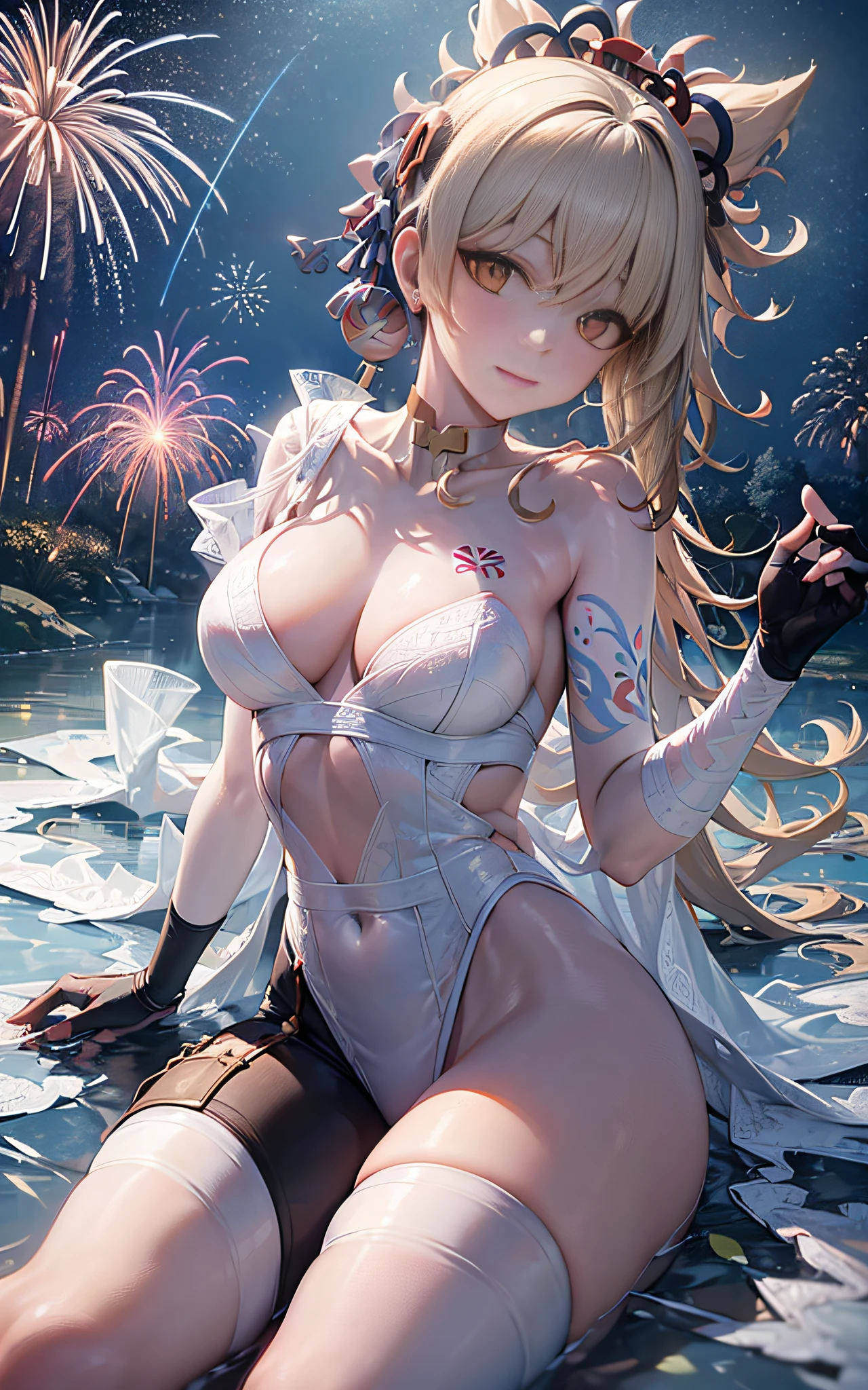 Hard Pen Comics, (Masterpiece, Backlight, Delicate Beauty Eyes: 1.2), (Illustration, Super Delicate Face, Super Fine: 1.2), UHD, Super Fine, 1girl, Solo, Red Wedding Dress, White Suspender Stockings, Ultra Detailed Eyes, Slim, (Supermodel: 1.3), Amusement Park, Medium Breasts, Wink, (Best Lighting, Extremely Delicate and Beautiful), ((Cinematic Light)), (Soft: 2), Ultra HD, Ultra Detail