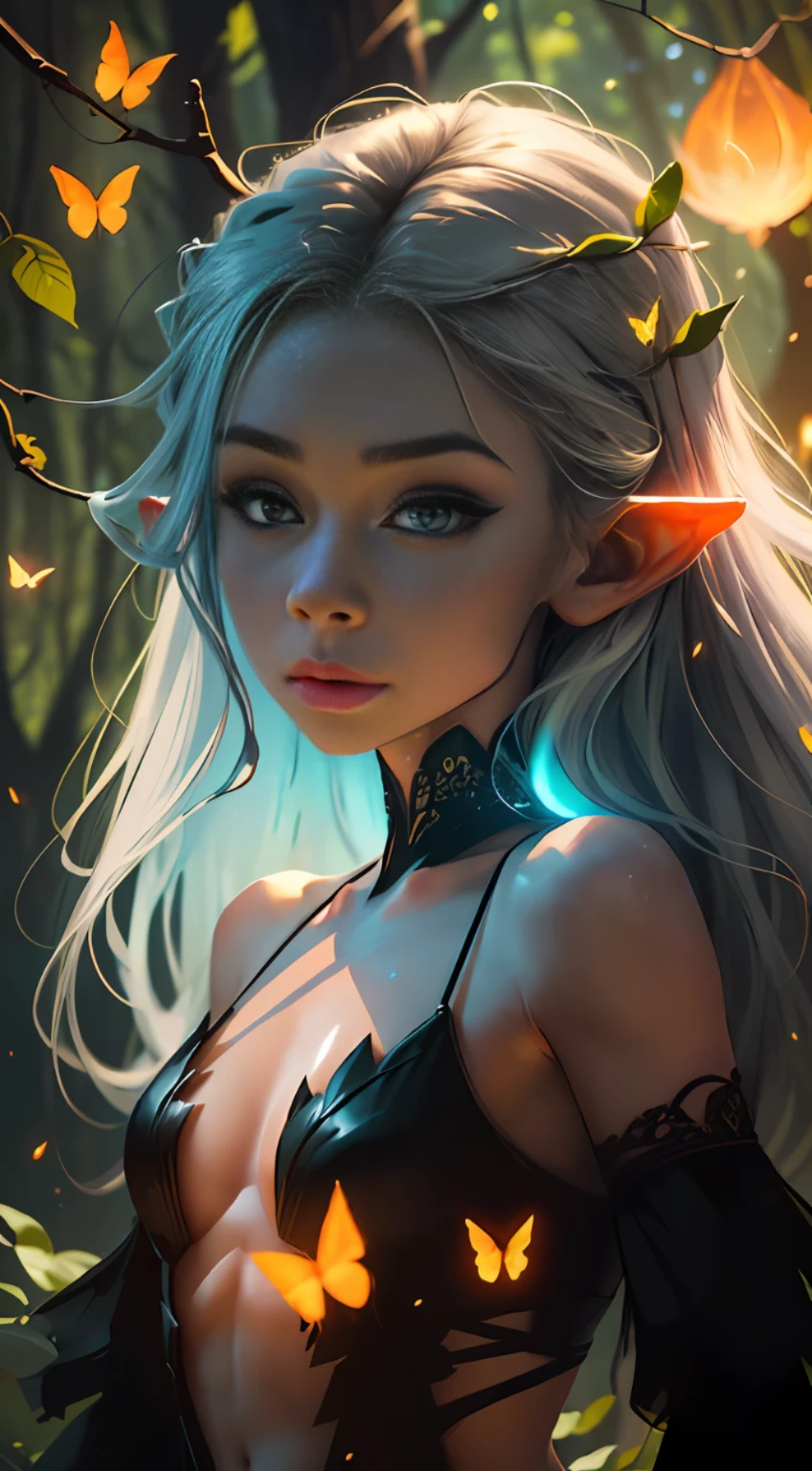 a portrait of a elf girl with freckles and bright striking blue eyes posing for a photo,full body, bare shoulders, muscular, fit, defined abs, thongs, (prominent cameltoe) white freckles, long flowing green hair flying, glowing radiance, beautiful pale makeup, color portrait, stunning portrait, elegant freckles, wearing black thongs with glowing runes of power, black gloves, star-shine, gold dust spread across her skin and her face, (dark, hyper-realistic photos (((portrait))) refraction ,Dark background of magical night forest, deep woods, towering ruins, starlight skies, A mystical and epic landscape, featuring a fantastical and surreal world of floating islands, giant trees, and mythical creatures, that transport the viewer to a world of imagination and wonder, artstation, digital art, intricate, trending, bright colors suitable for viewing in public places A masterpiece, the best quality, stunning reflections, the best reflections ever. (very detailed CG unity 8k wallpapers), (best quality), (best illustrations), (best shadows), forest theme with natural elements. Tall trees, quiet streams, small glowing mushrooms surrounded by delicate leaves and branches, with fireflies and glowing particle effects,, (natural elements), (jungle theme), (leaves), (twigs), (fireflies), butterflies, (delicate leaves), (glow), (particle effects). , Isometric 3D, Octane Rendering, Ray Traced, Super Detailed