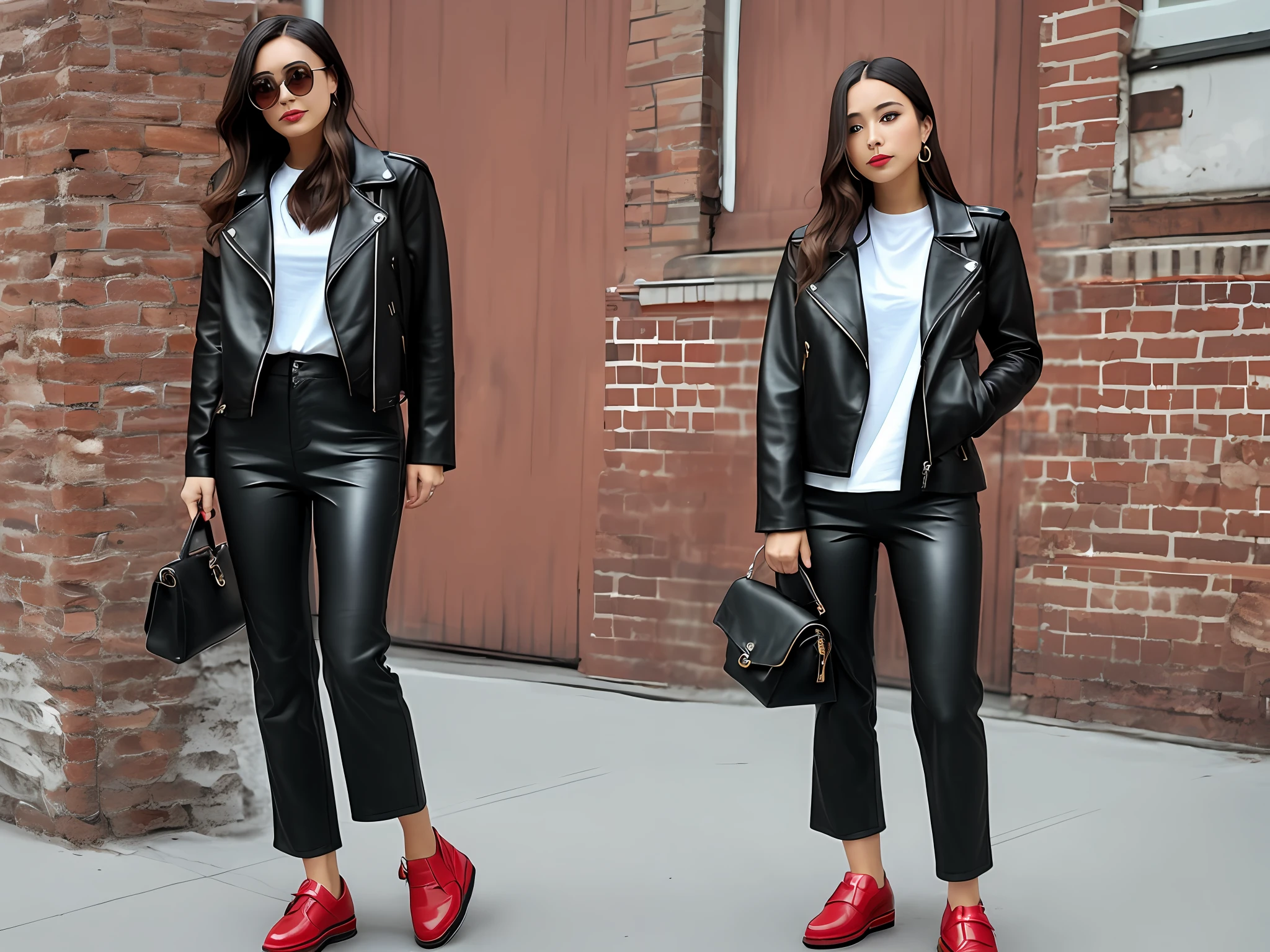 Top: black loose leather jacket;
Bottoms: red high-waisted wide-leg leather pants;
Shoes: brown loafers;