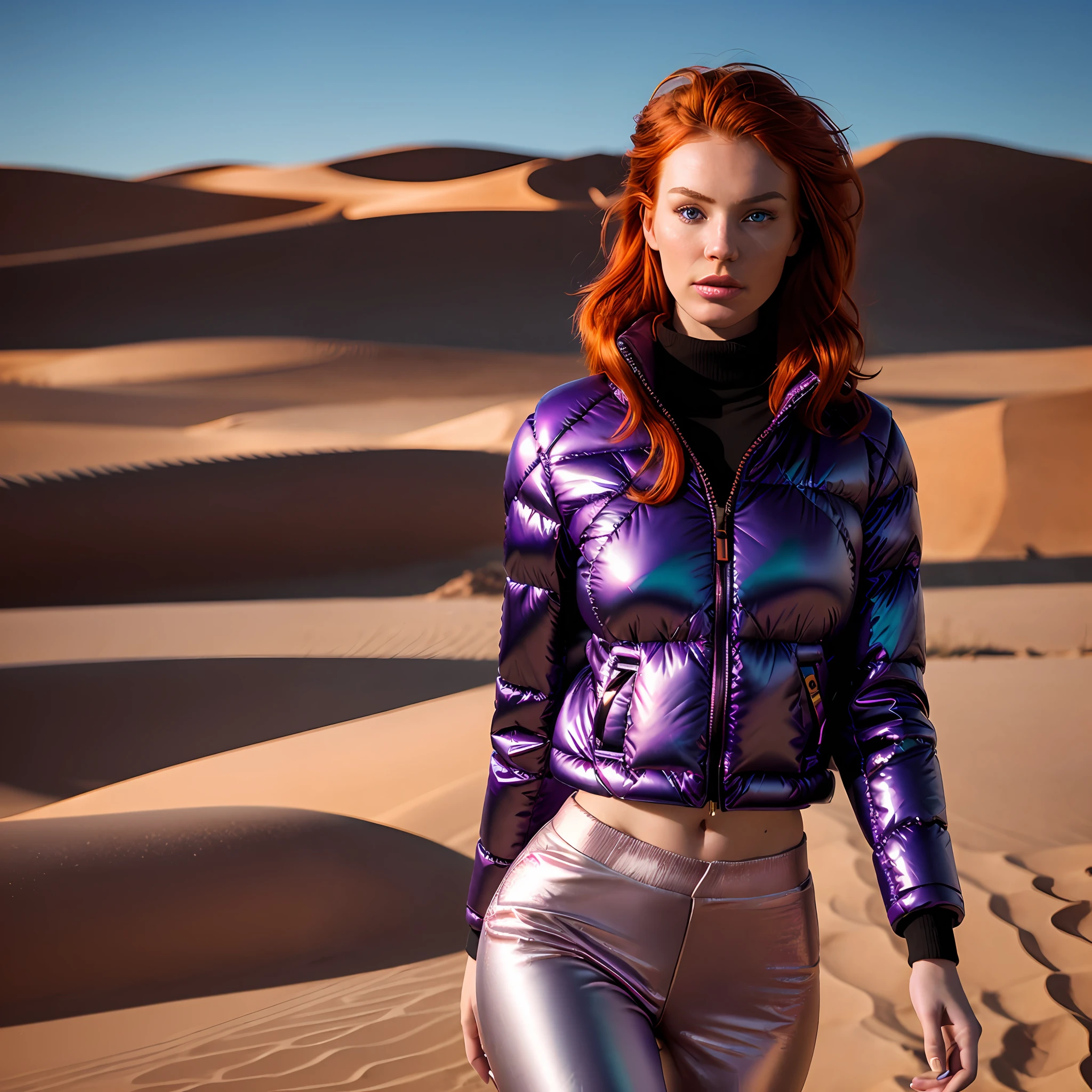 Creates a hyper realistic image:1.5 of a (full body woman) with perfect Irish Nordic facial features, redhead natural red hair, with pleasant expression, wearing ((Balenciaga puffer oversized style jacket:1.5 detailed, purple vivid color neon metallic reflective)), walking elegantly towards the camera in the Sahara desert with intense desert sun illumination warm colors,  Hyper realistic natural landscape realistic desert colors, best image quality, high resolution photography camera lens 100mm