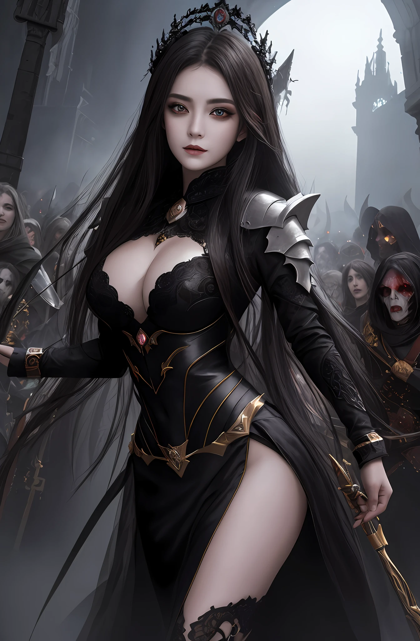 (16k, masterpiece, best quality), ultra-detailed, detailed beautiful round eyes, beautifully detailed face, high quality, high resolution, a female necromancer appeared from the fog with an army of undead, in the darkness of the night, goddess of darkness, undead army, straight hair, evil, an evil face, undead background, big breast, mature women, dynamic pose