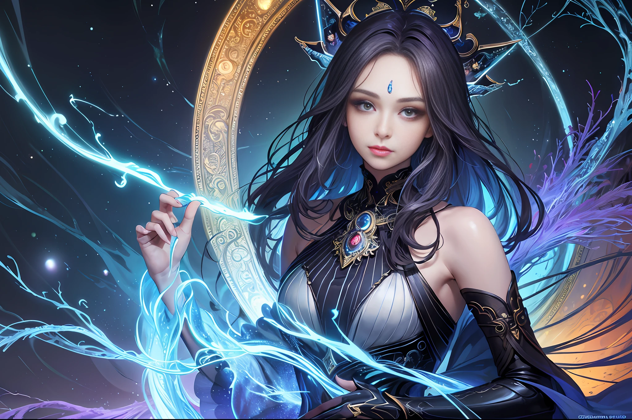 (Masterpiece, Top Quality, Best Quality, Official Art, Beauty and Aesthetics: 1.2), 1 Male, Extremely Detailed Eyes, (Fractal Art: 1.3), Colorful, Most Detailed, (Perfect Face), Shiny Skin, HDR, Galaxy River, (Light Lines), Striking Visuals, (Dynamic Stripes, Glow Track: 1.2), Dark Colors, (Vines), Huge Tree in the background