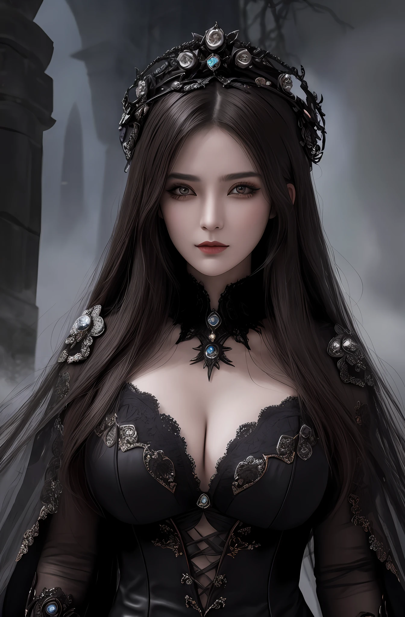 (16k, masterpiece, best quality), ultra-detailed, detailed beautiful round eyes, beautifully detailed face, high quality, high resolution, a female necromancer appeared from the fog with an army of undead, in the darkness of the night, goddess of darkness, undead army, straight hair, evil, an evil face, undead background, big breast, mature women, dynamic pose
