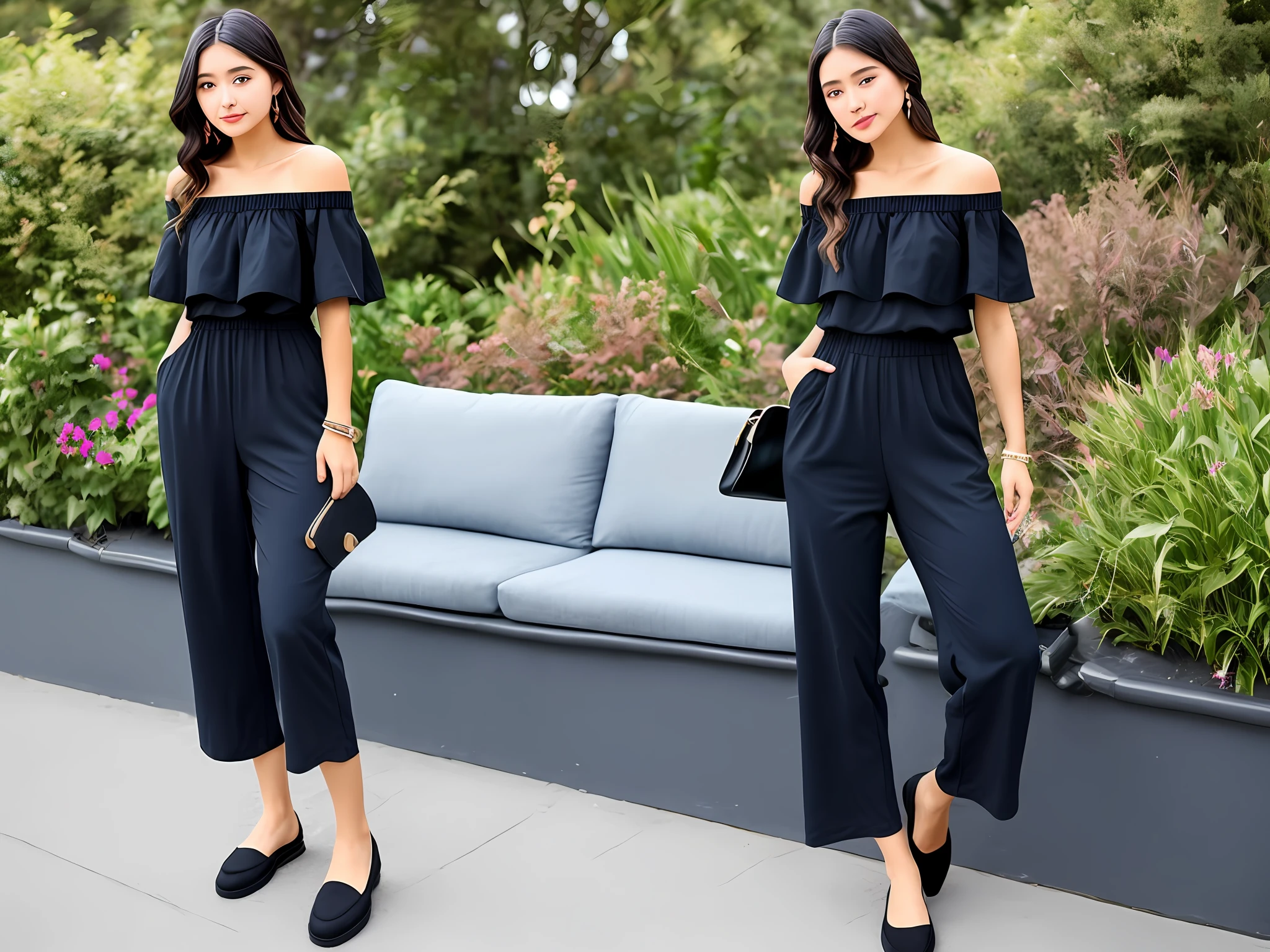 Top: black off-the-shoulder jumpsuit;
    
dark blue loafers;