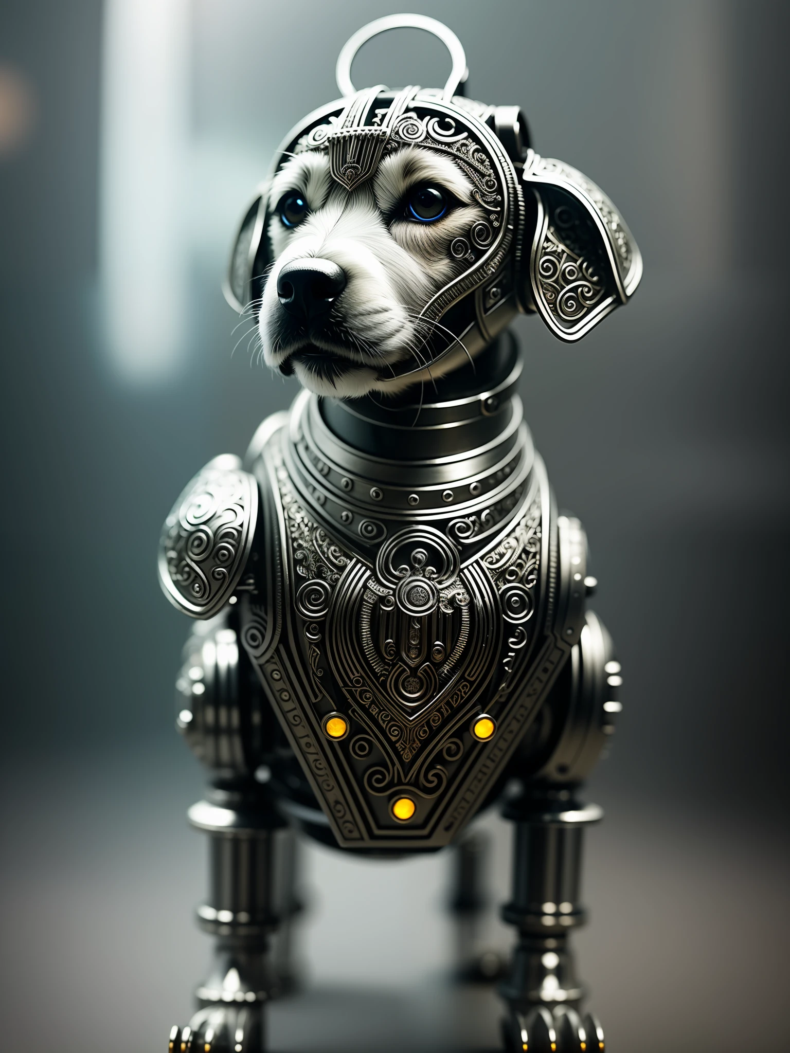 A beautiful puppy made of metal, (cyborg:1.1), ([tail | detailed wire]:1.3), (intricate details), HDR, (intricate details, hyperdetailed:1.2), cinematic shot, vignette, centered