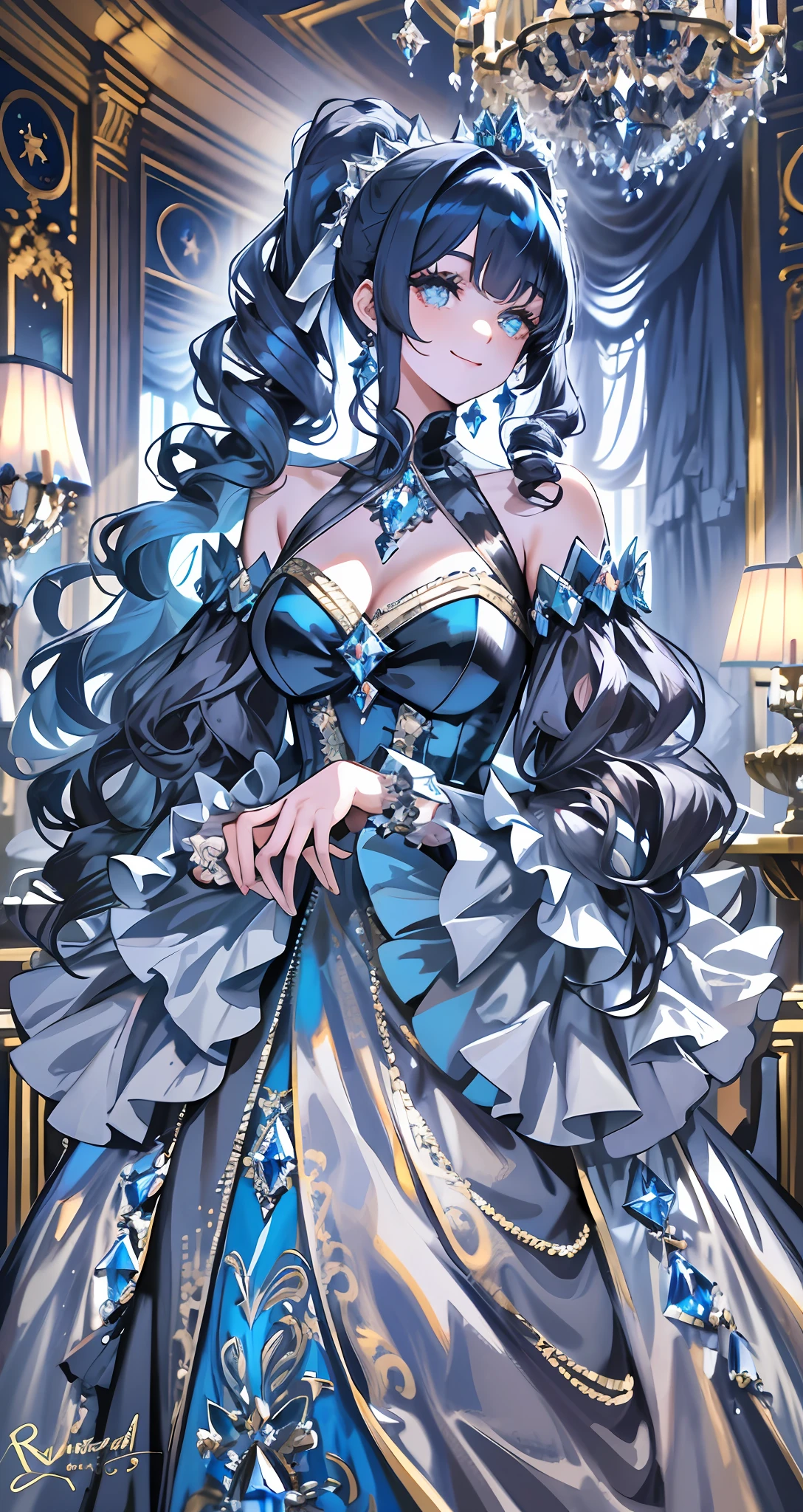 Dramatic composition, court-style dresses, royal, gorgeous, cascading frills, ruffles, bows, crystal chandeliers, Roman curly hairstyles, ponet, double ponytails like drills, look at the camera, bangs, maximalism, palatial background, delicate portrayal of hair and eyes, princess dresses, gorgeous skirts, flowers in hand, smiles, starry eyes, cinematic light, extreme detail, high definition, happy girl, very long hair, diamonds, broken diamonds, crystal fragments, light particles