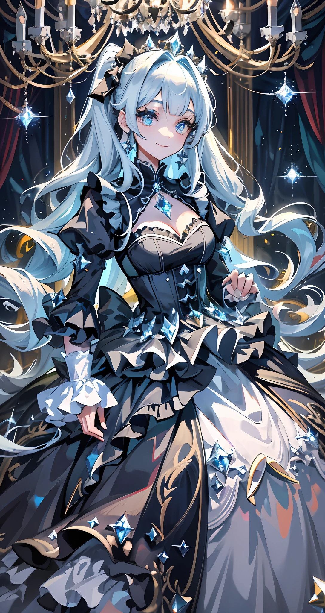 Dramatic composition, court-style dresses, royal, gorgeous, cascading frills, ruffles, bows, crystal chandeliers, Roman curly hairstyles, ponet, double ponytails like drills, look at the camera, bangs, maximalism, palatial background, delicate portrayal of hair and eyes, princess dresses, gorgeous skirts, flowers in hand, smiles, starry eyes, cinematic light, extreme detail, high definition, happy girl, very long hair, diamonds, broken diamonds, crystal fragments, light particles