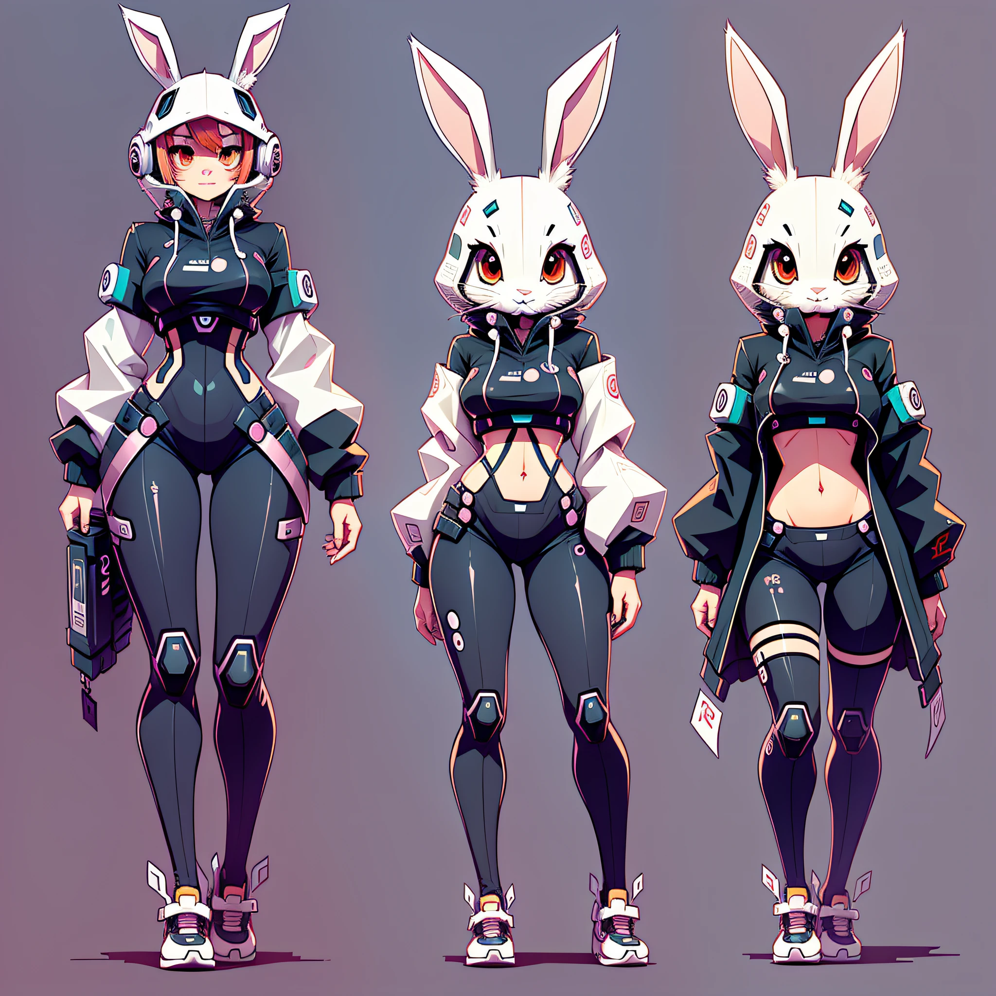 Cartoon animal design, flat style cute rabbit full body photo, simple but not lost sense of design, fresh flat style, cyberpunk elements are applied freely, the front view presents a charming cute posture, and the feet hang down in a cute posture