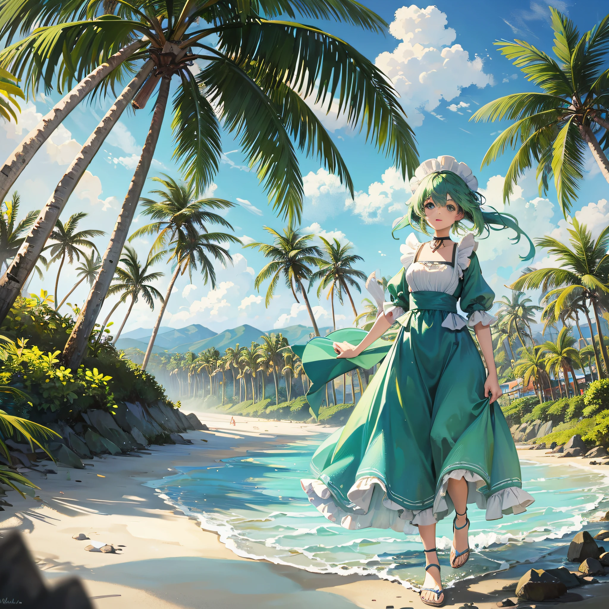 A young girl with green hair, running on the beach, dressed in a blue maid outfit, with a scene of coconut trees on the edge of the beach --auto --s2