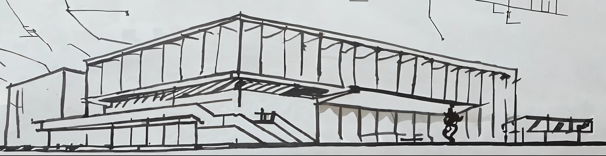 drawing of a building with a staircase and a clock on the side, architectural sketch, concept drawing, architectural concept, architectural drawing, inspired by Claes Jansz. Visscher, inspired by David Chipperfield, artwork of a building, ink pen sketch, pen sketch, in style of norman foster, architecture drawing, architectural concepts, concept sketch, perspective view