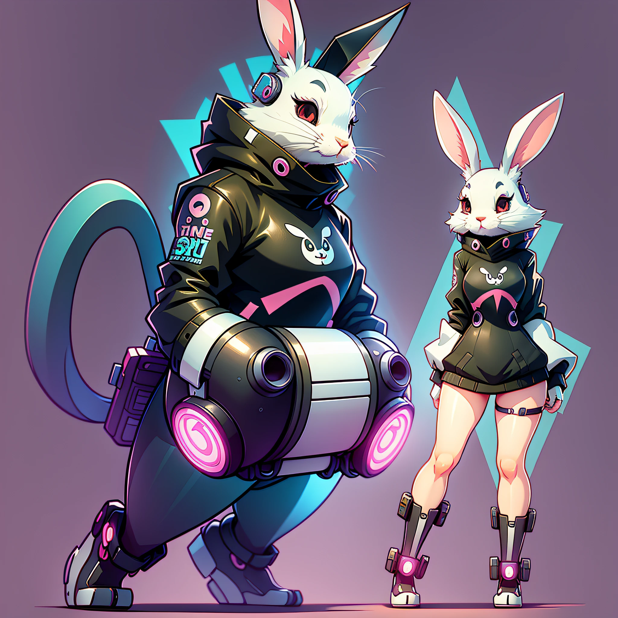 Cartoon animal design, flat style cute rabbit full body photo, simple but not lost sense of design, fresh flat style, cyberpunk elements are applied freely, the front view presents a charming cute posture, and the feet hang down in a cute posture