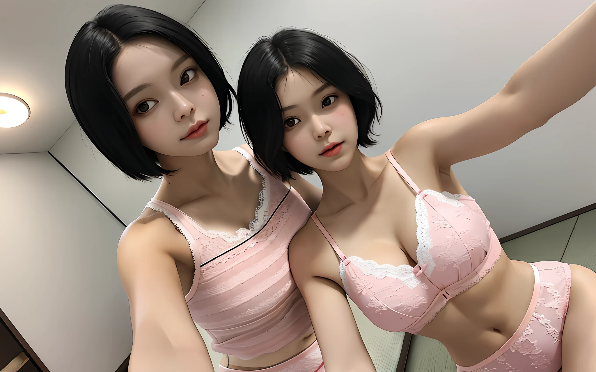 Woman, Black Hair, Short Hair, Cleavage, Light Pink Lace Underwear, E Cup, Selfie, Japan
