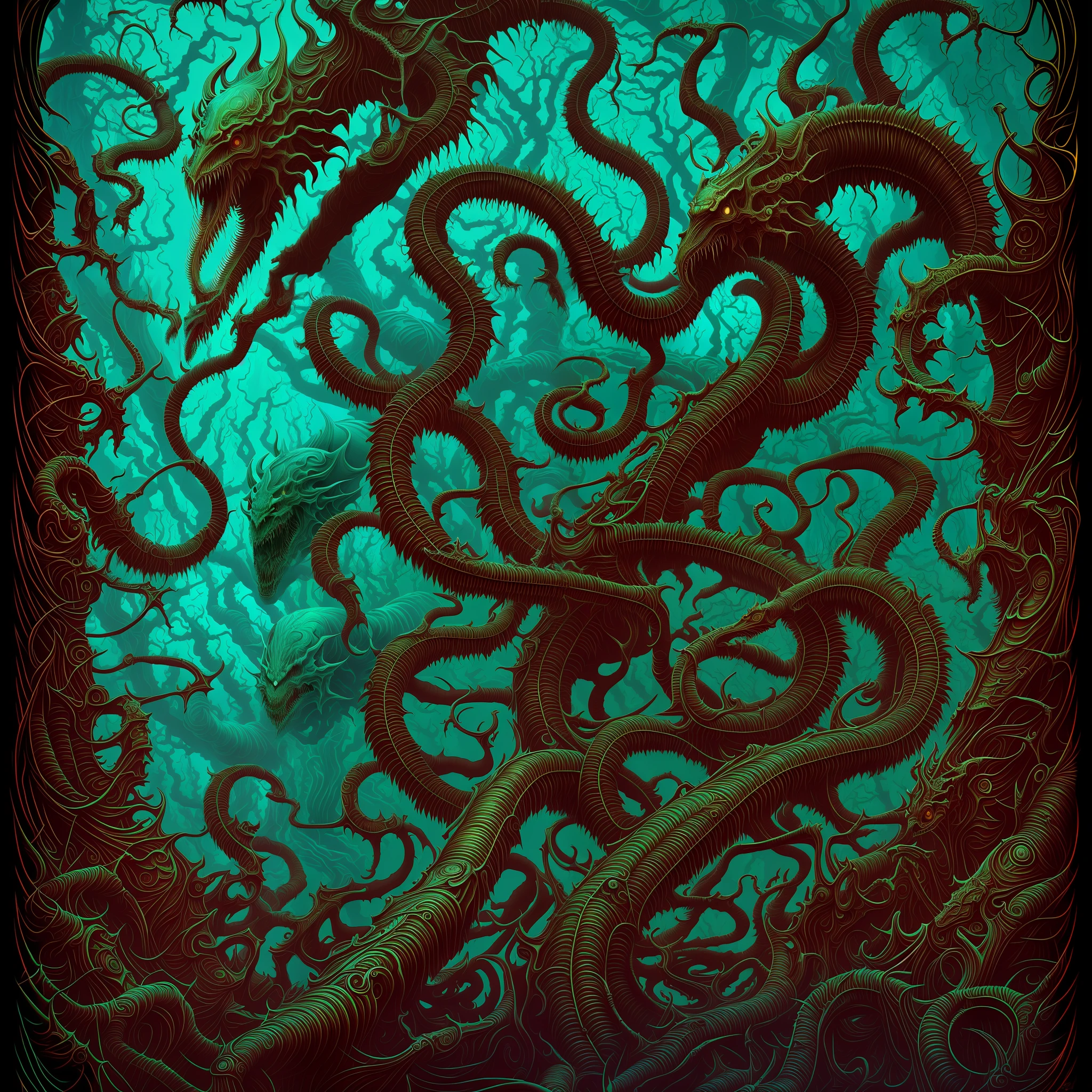 Evil creatures reborn from biomorphic madness, sharp symmetrical art art, dan mumford style, hdr, realism, dark fantasy atmosphere, Lovecraft style, (JimJorCrafLogo art style:1.3), (near view)