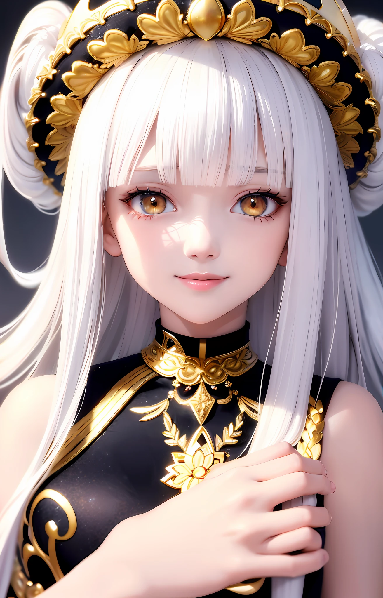 Excellent, masterpiece, white hair, golden eyes, white clothes, looking up, upper body, hair, fair skin, side braids, princess cut hairstyle, charming smile, healing smile,