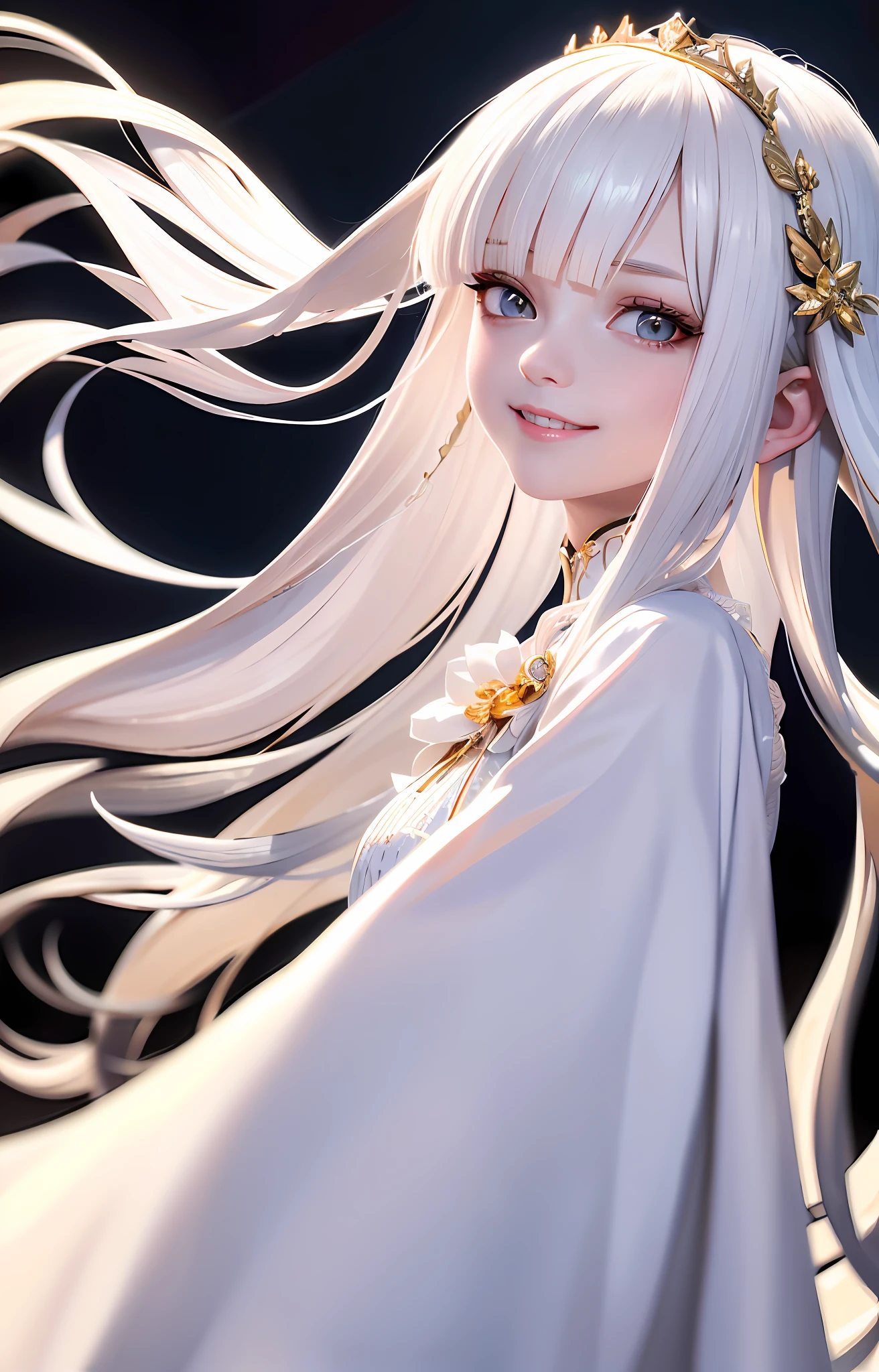 Excellent, masterpiece, white hair, golden eyes, white clothes, looking up, upper body, hair, fair skin, side braids, princess cut hairstyle, charming smile, healing smile,