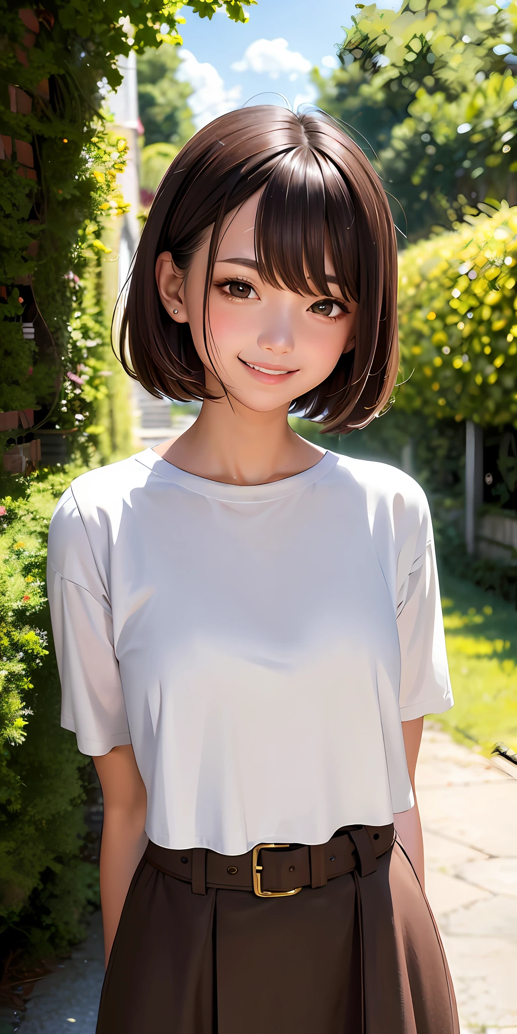 Excellent, masterpiece, brown hair, brown eyes, upper body, hair strands, fair skin, short hair, white clothes, best quality, healing smile, background painting from it, laughter, 1 woman