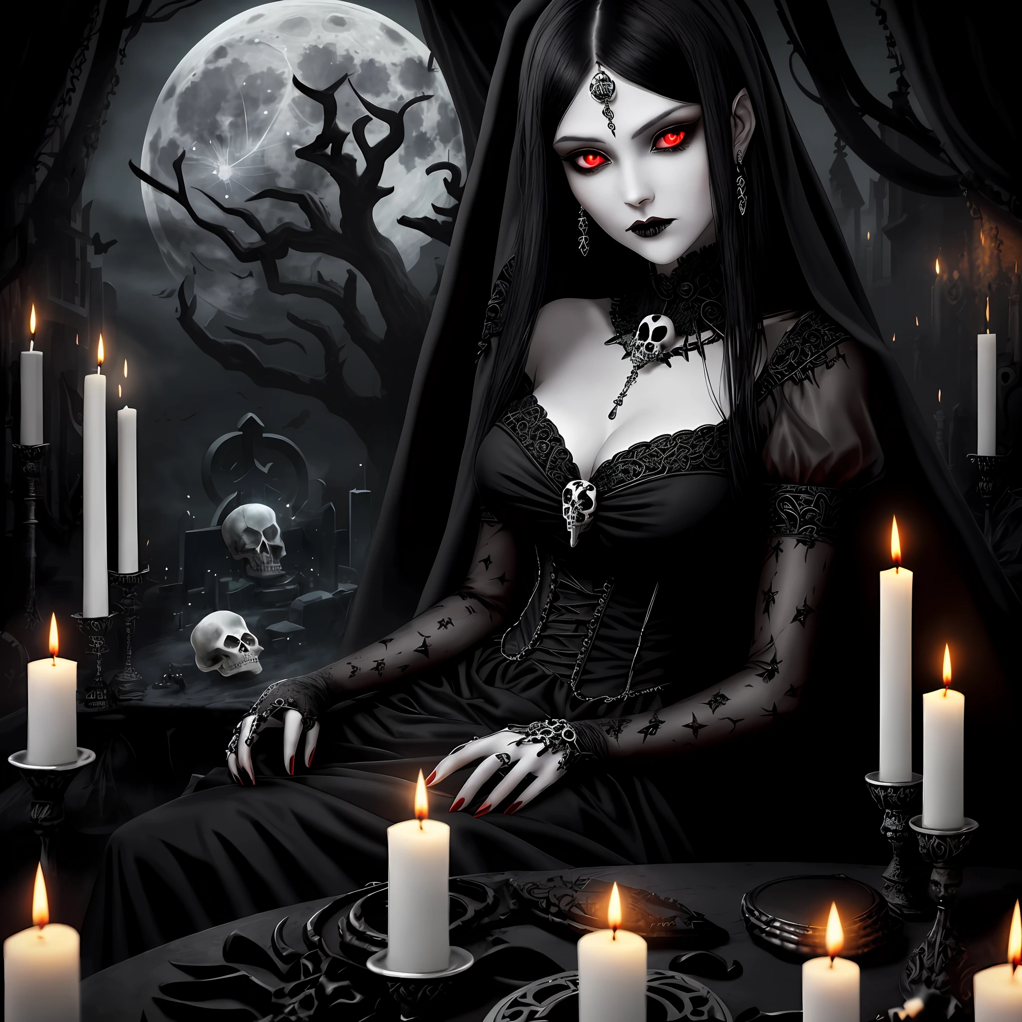 Beautiful woman, black hair with silver jewelry, red eyes, alabaster skin, black dress with silver embellishments, sitting, pentagram, candles, graveyard, full moon, darkness, skulls and bones, necromantic tome. Gothic horror. Shadows.
