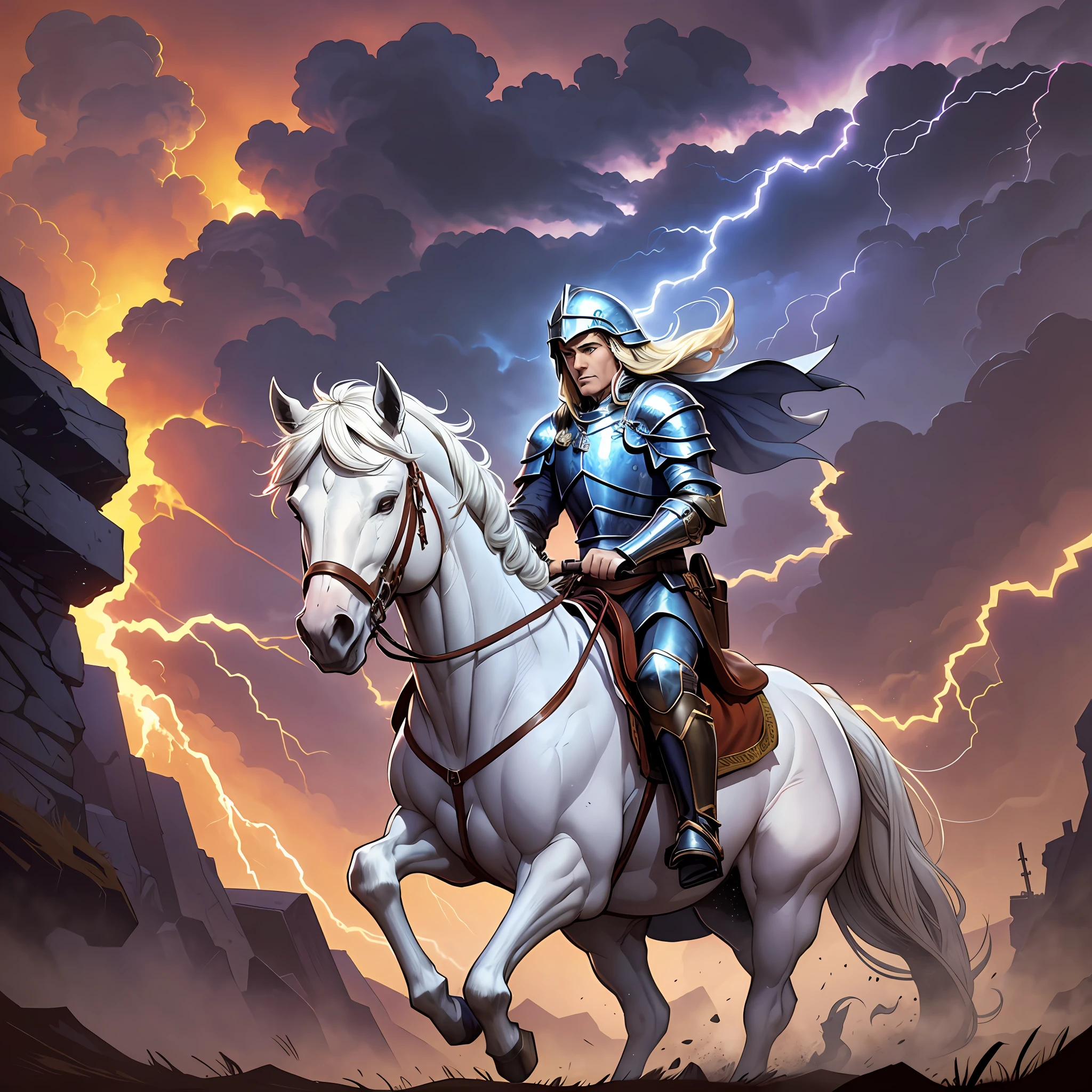 cartoon, a white horse, a knight with a bow in his hand and a laurel wreath on his head, cartoon style movie, cartoon, by Ron Walotsky, cartoon of the 90s, strong shadows, sky with dark clouds and war scenery, lightning and thunder, fire, dirt road at dusk, gradient sky, grotesque, dark, scary, dark fantasy, mysterious atmosphere. --s2