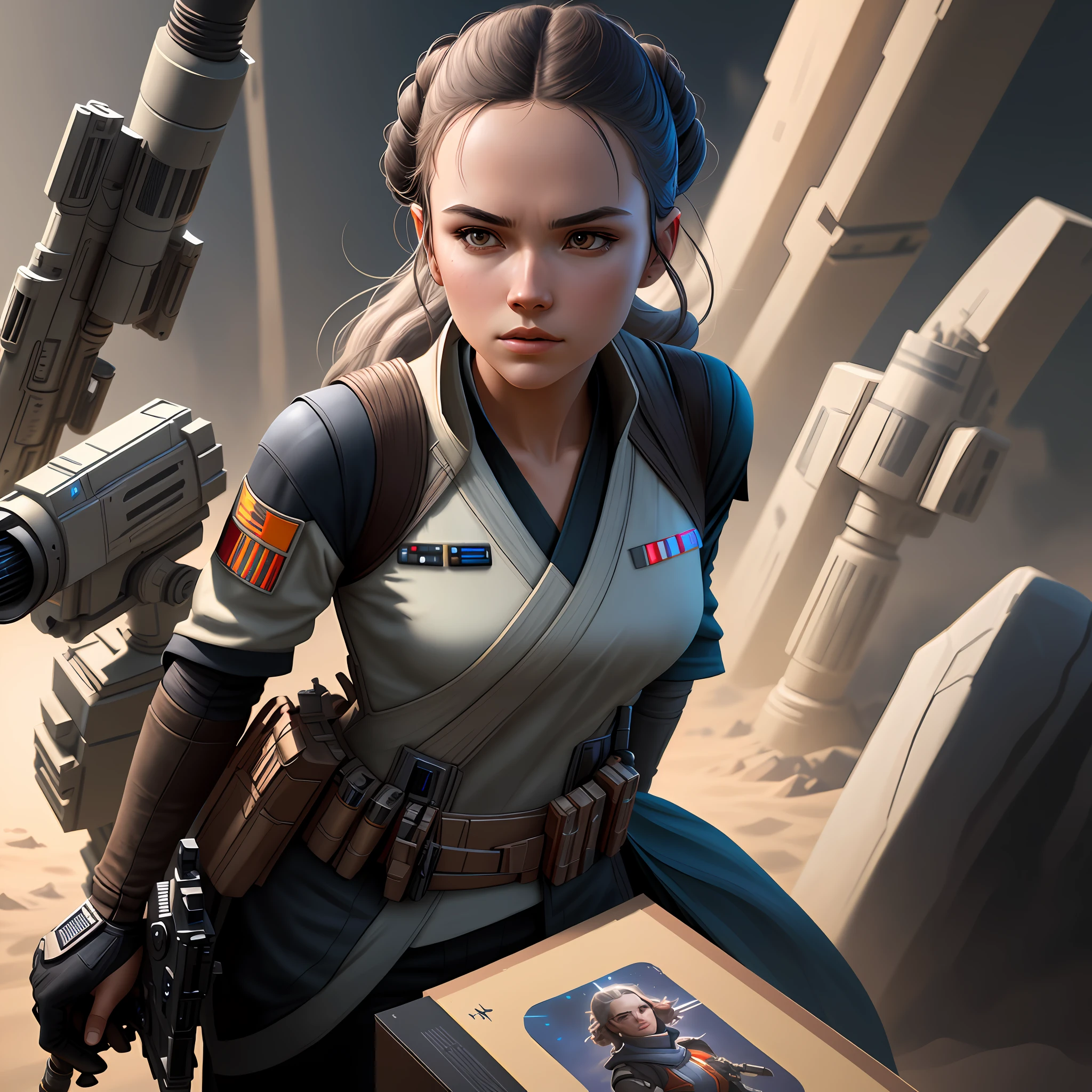 Professional portrait of young jedi woman with a blaster, star wars, by artgerm and moebius, beautiful, hyperrealism, highly detailed, 8k, intricate, closeup, dynamic dramatic dark moody lighting, shadows, artstation, concept art, octane render, 8k, sexy