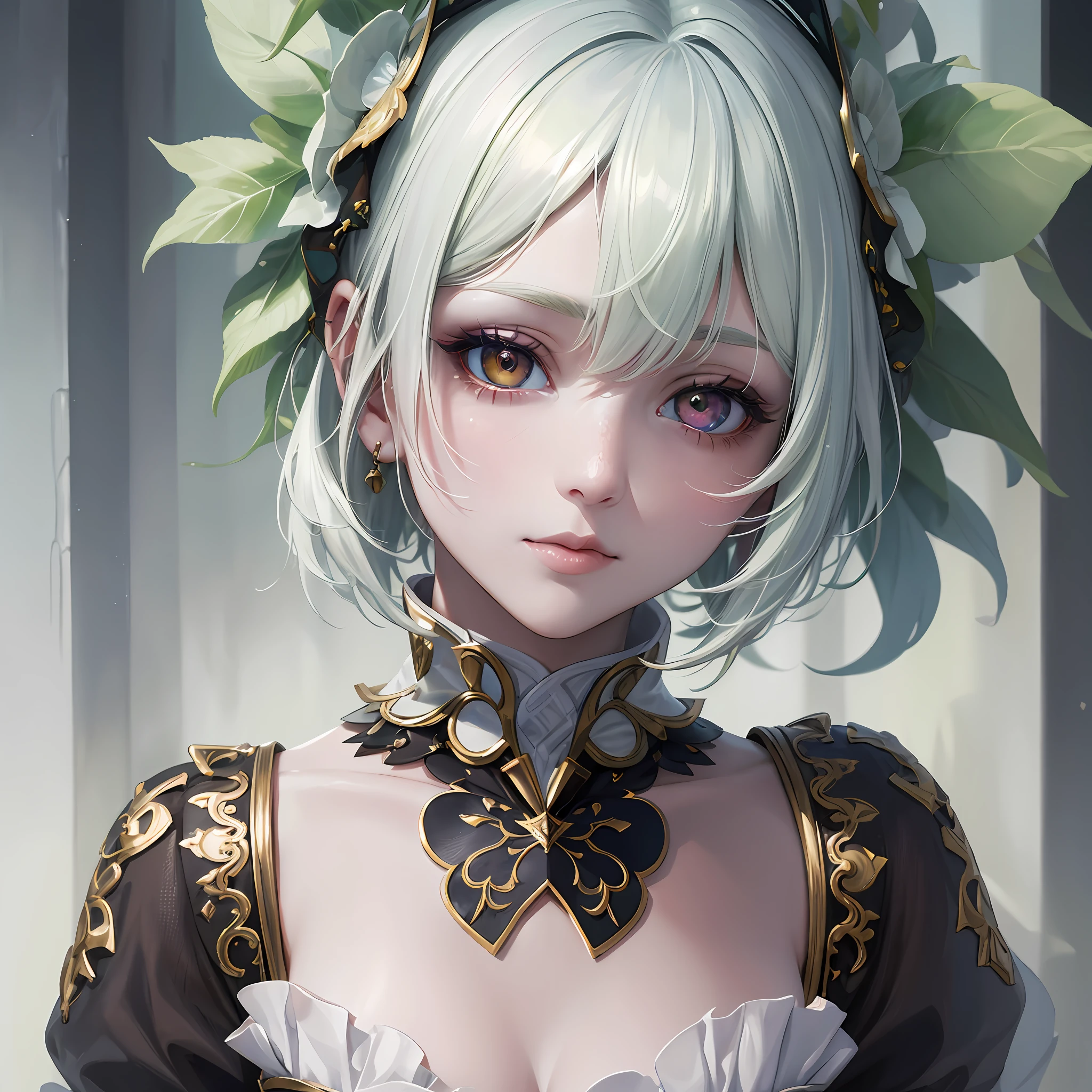((best quality)), high-resolution portrait, a beautiful girl with multicolored eyes [blue:1.2 + green:1.2] heterochromatic, white skin, short white hair, exudes air of purity and mystery, simple and blurred background. --s2