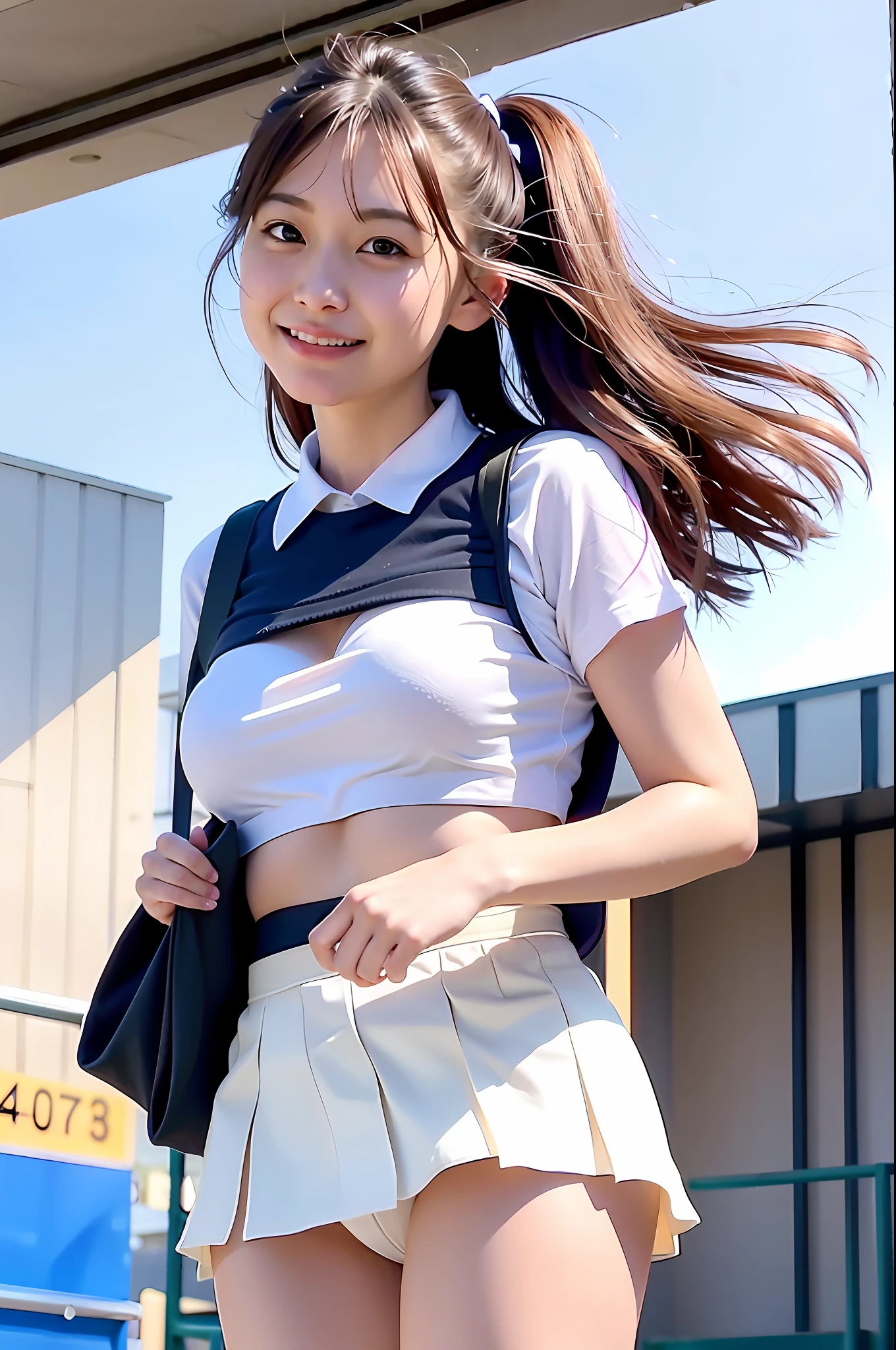 mix4, silk stockings, (8k, RAW photos, top quality, masterpiece: 1.2), (realistic, photorealistic: 1.37), cute, professional lighting, photon mapping, physically based rendering, beautiful style of full figure, one girl, large areola, (big: 1.5), smiling at viewer, full body, standing shoulder-width apart legs open, rooftop, uniform, schoolgirl, Japan person, white underwear, cosplay, micro mini skirt, strong wind, skirt twisted, blow-up skirt, gust of wind from under her legs to the sky, skirt rolled up, (grabbing skirt with both hands), (hands in front of chest), skirt lifted up, (skirt lifted up), panties visible in detail, low angle, knee level