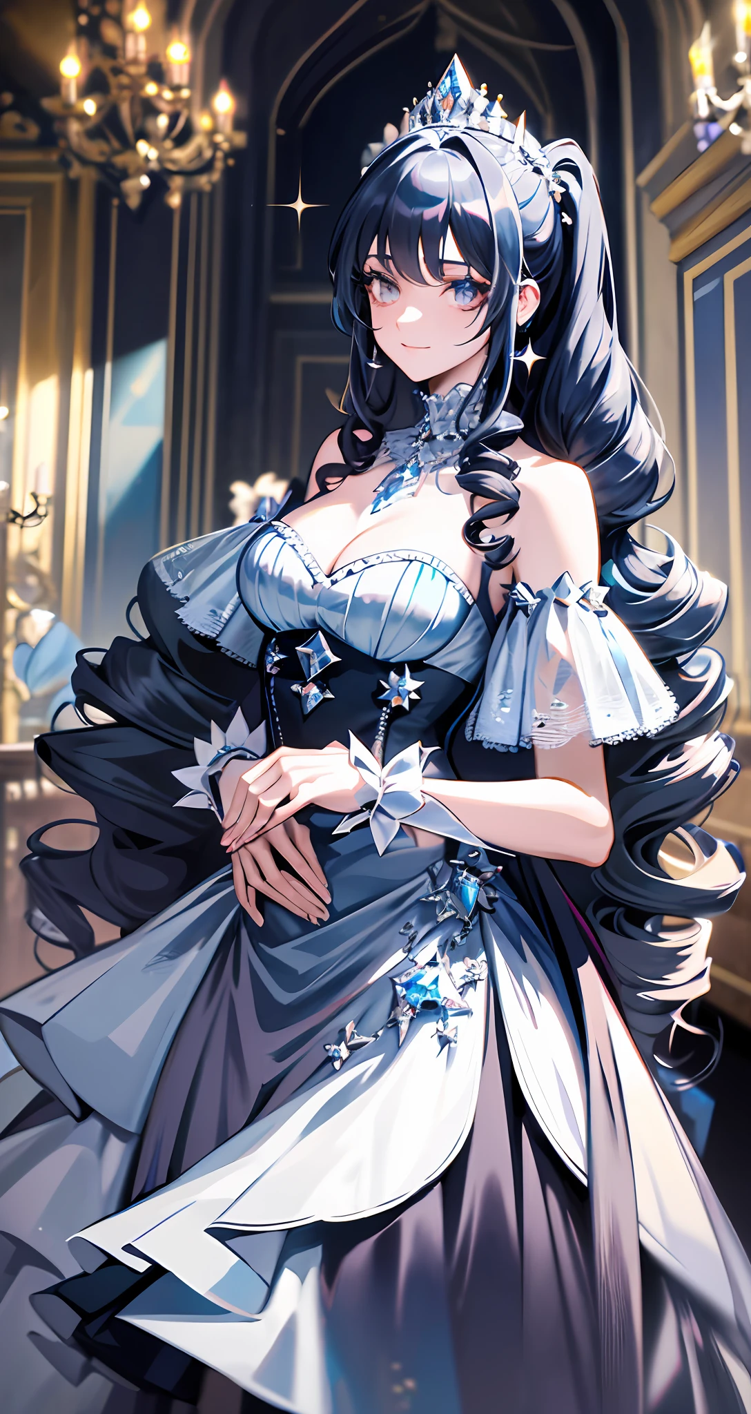 Dramatic composition, court-style dresses, royal, gorgeous, cascading frills, ruffles, bows, crystal chandeliers, Roman curly hairstyles, ponet, double ponytails like drills, look at the camera, bangs, maximalism, palatial background, delicate portrayal of hair and eyes, princess dresses, gorgeous skirts, flowers in hand, smiles, starry eyes, cinematic light, extreme detail, high definition, happy girl, very long hair, diamonds, broken diamonds, crystal fragments, light particles