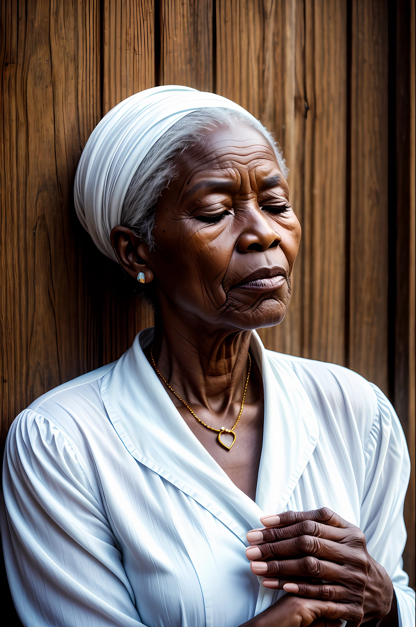 A close-up photograph of an older African woman, award-winning photo, best quality, portrait, by Lee Jeffries, masterpiece, photorealistic, raw,:1.4), old-black archetype (candomblé), smoking pipe, mystic, head tilted up, (eyes closed, serene expression), calm, meditating, sitting on a wooden stool, wearing white long-sleeved dress and closed collar, long skirt, headscarf,  Forest background to luarnikon d850, film, stock photography, kodak 400, f1.6 lens, (rich colors: 1.1), hyper realistic, realistic texture, unreal natural lighting engine, cinestill 800, (100mm lens)