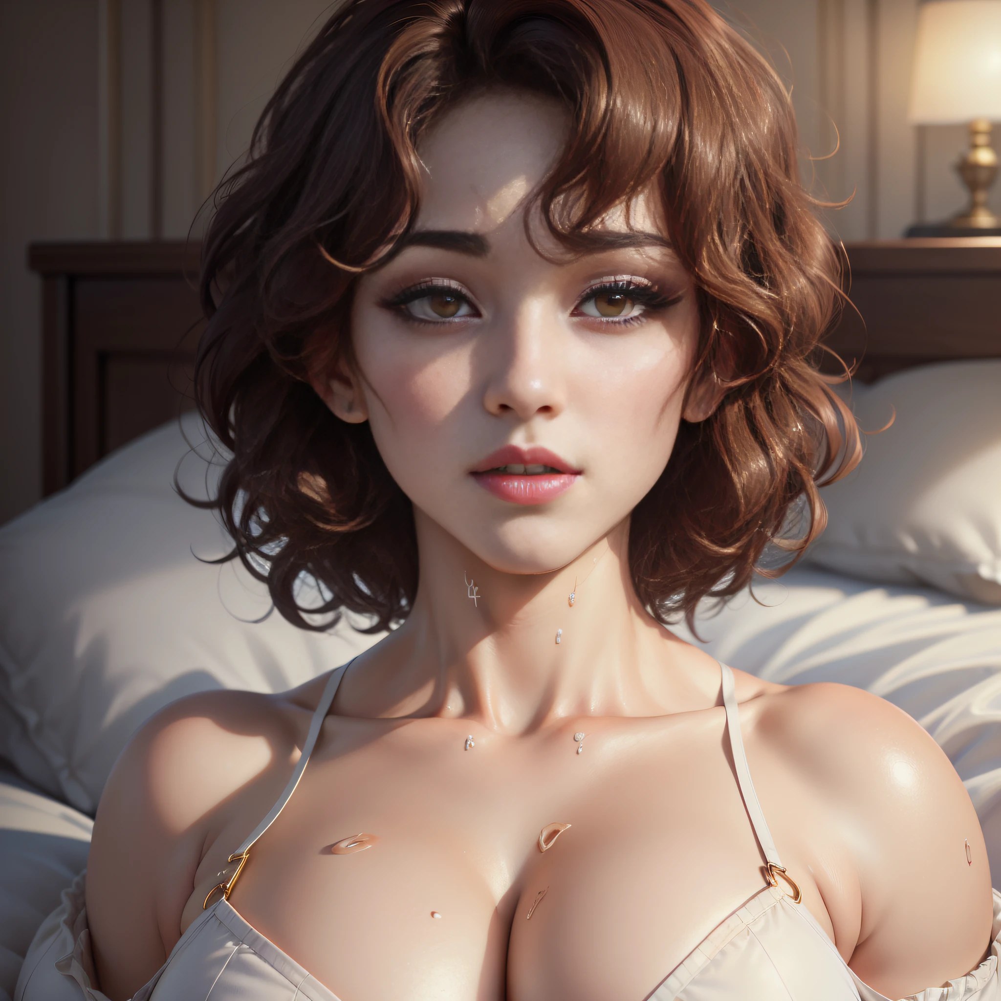 (Best Quality, 8k, 32k, Masterpiece, UHD:1.3), (kpop idol:1.3), 1 Girl, (gigantic Boobs:1.5), (short wavy hair), Abs, Perfect Body, Ultra Detailed Face, Detailed Lips, Fine Eyes, double eyelids, pajamas, on the bed, (seductive), ((aroused:1.5))