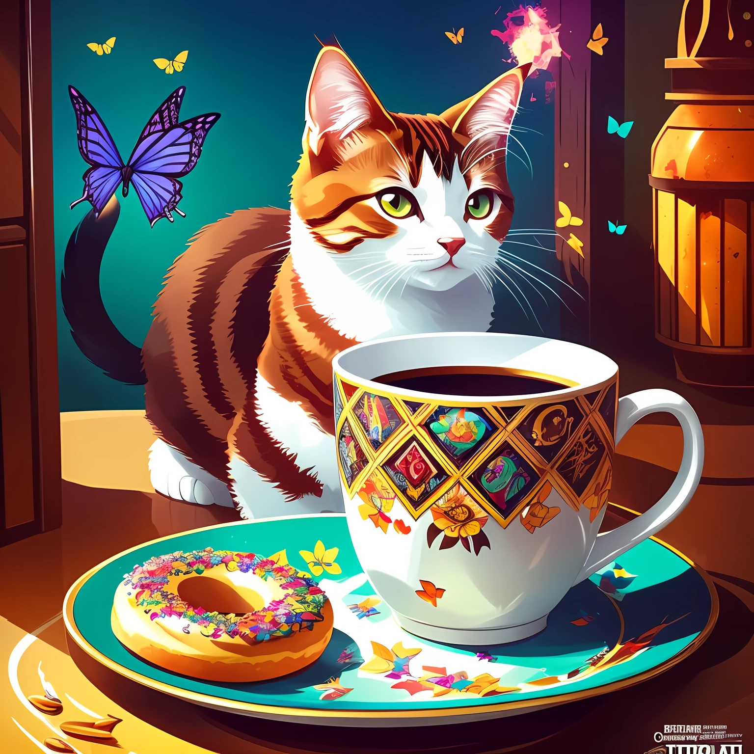 A cute cat curious about a mug. The beautiful mug with hot coffee, steam coming out, slice of bread and butter on a plate, colorful donuts on the side, small butterflies, birds, fantastic fantasy image, colorful background, Warm lighting, Vibrant colors, Intricate, Highly detailed, Artstation, Concept art, Sharp focus, food illustration, art by artgerm and greg rutkowski and olly moss and ken taylor and shepard fairey --auto --s2