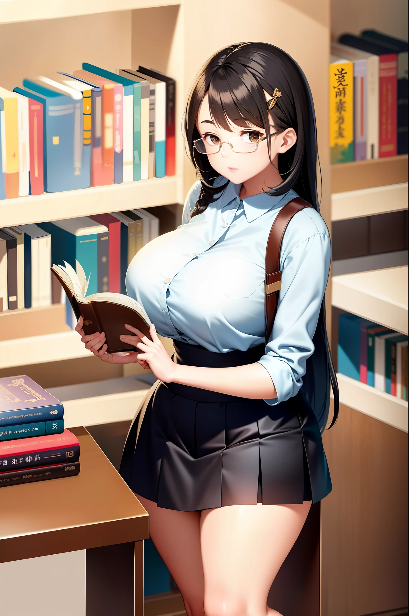 (delicate and charming)girl, long straight black hair in Japanese style, sitting in the (serene)library, wearing (casual)sleeves-rolled-up sweater，
(thick lens)glasses on nose, (reading a book)quietly,deep thoughts,(attractively)curvy figure, (large breasts), (wide hips)thick thighs, short skirt.