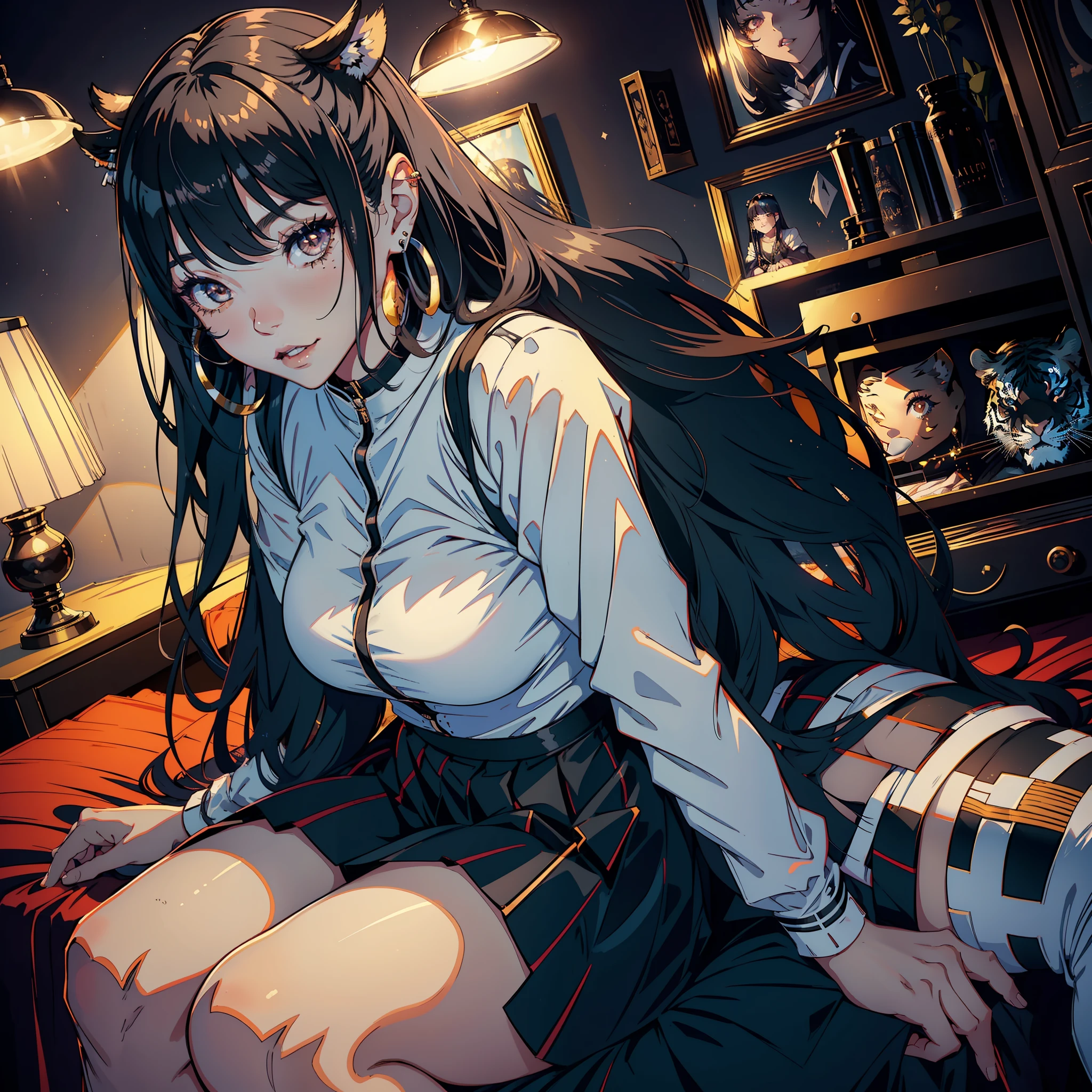 1 girl, long black hair, big black eyes, sexy, tiger teeth, white hip wrapped skirt, bedroom, sitting on bed, halo, moles under the eyes, earrings, light smile, anime, romanticism, sparkle, first-person perspective, masterpiece, high quality