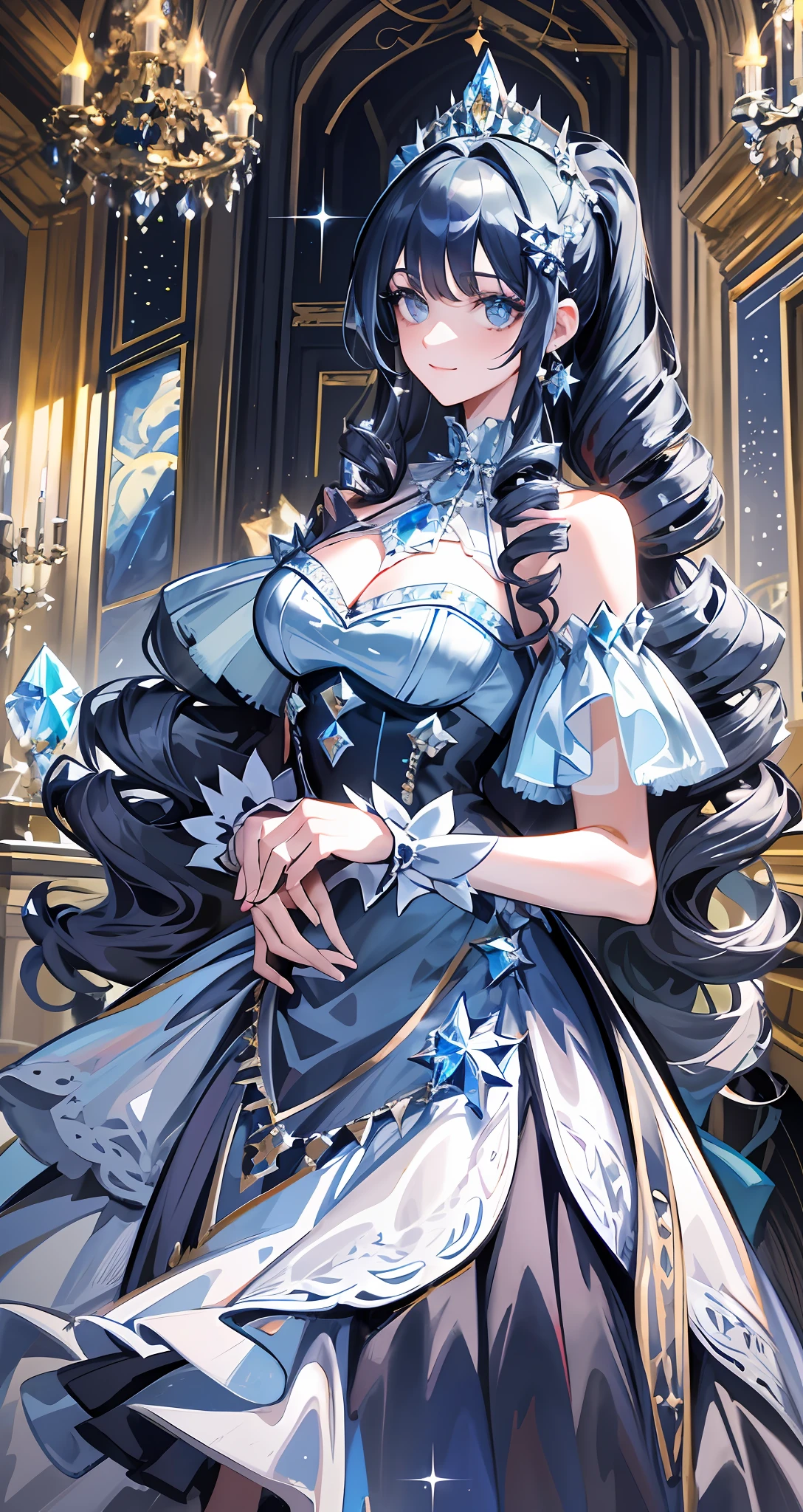Dramatic composition, court-style dresses, royal, gorgeous, cascading frills, ruffles, bows, crystal chandeliers, Roman curly hairstyles, ponet, double ponytails like drills, look at the camera, bangs, maximalism, palatial background, delicate portrayal of hair and eyes, princess dresses, gorgeous skirts, flowers in hand, smiles, starry eyes, cinematic light, extreme detail, high definition, happy girl, very long hair, diamonds, broken diamonds, crystal fragments, light particles