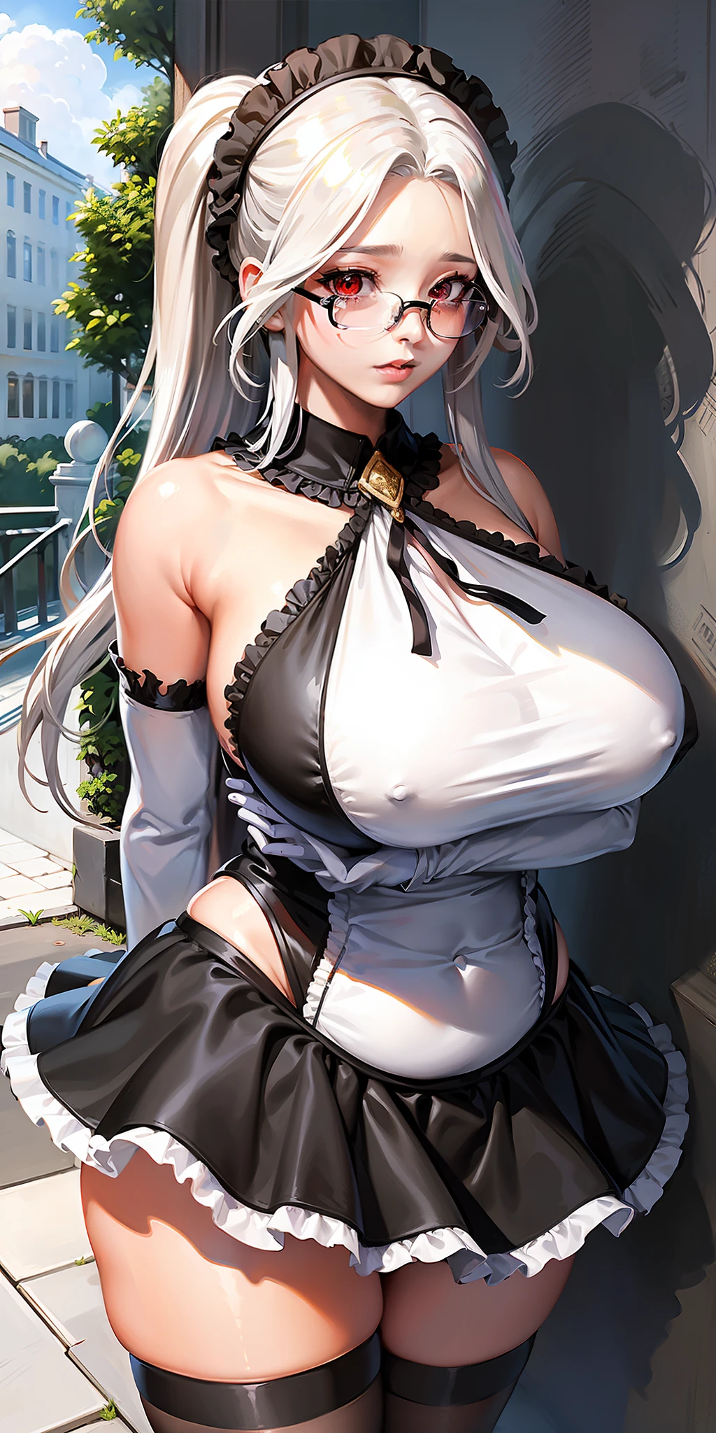 red eyes, long hair, white hair, sidelocks, gigantic breasts, bangs, parted bangs, plump, glasses, rimless eyewear, semi-rimless eyewear,labimaid, gloves, white gloves, bare shoulders, black maid headdress, maid, black thighhighs, frills, covered navel, white elbow gloves, short dress, collared dress, maid dress, black collar,
(huge breasts:1.2,) upper body, from below, cameltoe, panties,
jewelry, hands on chest,see-through, looking at viewer, hair ornament, choker, shy,
(masterpiece, top quality, best quality, official art, beautiful and aesthetic:1.2), (1 girl), extreme detailed, colorful, highest detailed,
city,street, leaning, wall, sun, cloud,