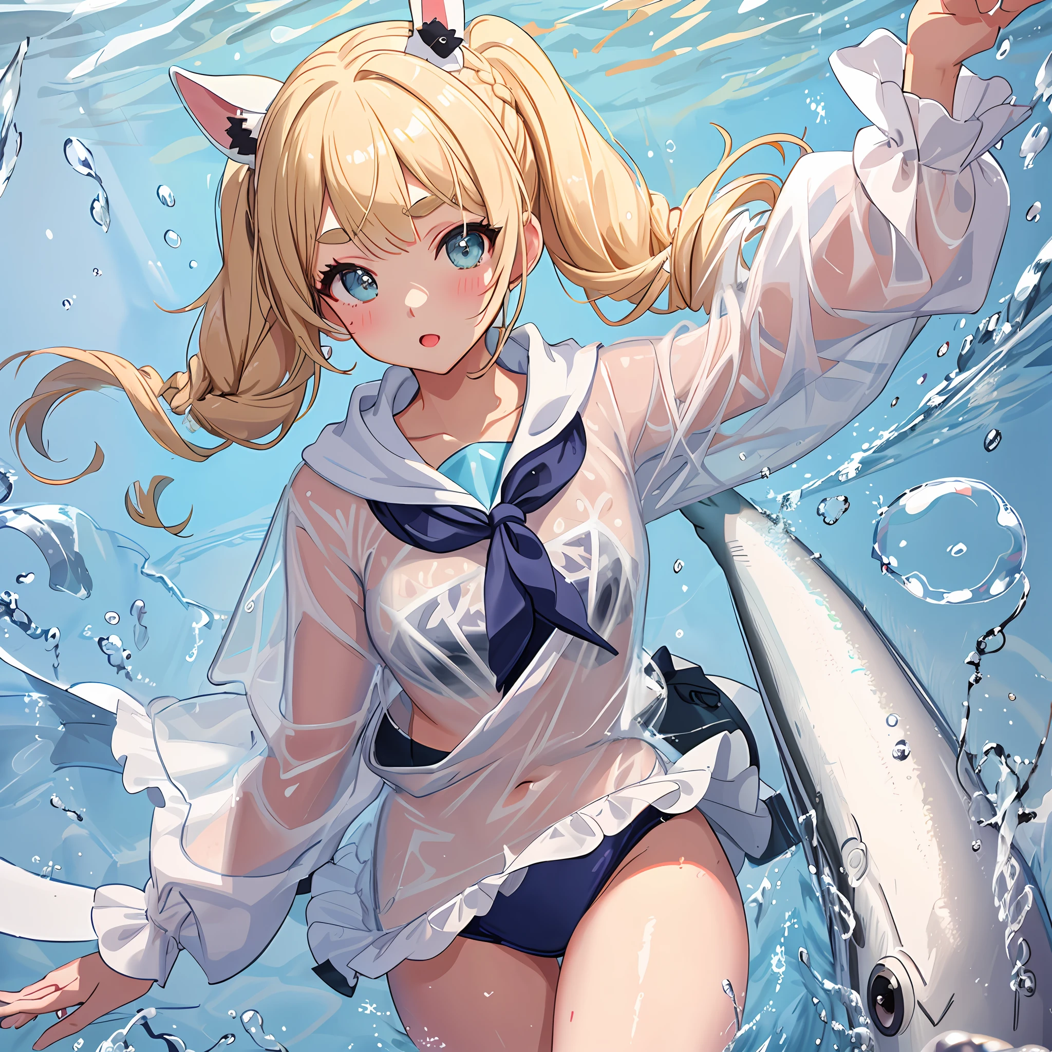 Rain poncho, school swimsuit, countless sharks, underwater, active pose, rabbit ears, pigtails, small, lower breasts, city pop color, female brat, thick eyebrows, thin waist, beautiful blonde, braid, (masterpiece), ((highest quality)), (super detailed), girl, (beautiful eyes)), beautiful detailed eyes, clean and detailed face, five fingers, textile shading, perfect anatomy,