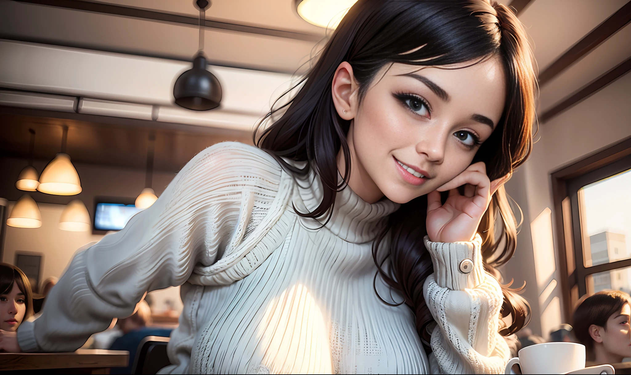 sideways,4k,8k, superb, cute girl in knitted sweater, working in a café, 18 years old, big tits, half body, 1 girl, Heads up for attention, cute, smile