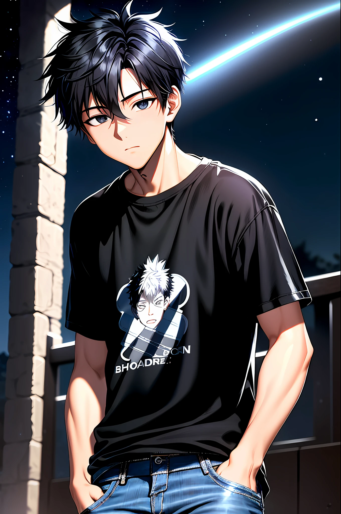 (Masterpiece, Best Illustration, Extreme Light and Shadow), 1boy, solo, (male focus: .7), black eyes, black hair, short hair, wearing black t-shirt, denim jeans, punk style, (punk: 1.5), depth of field, (night sky: 1.2), windswept hair,