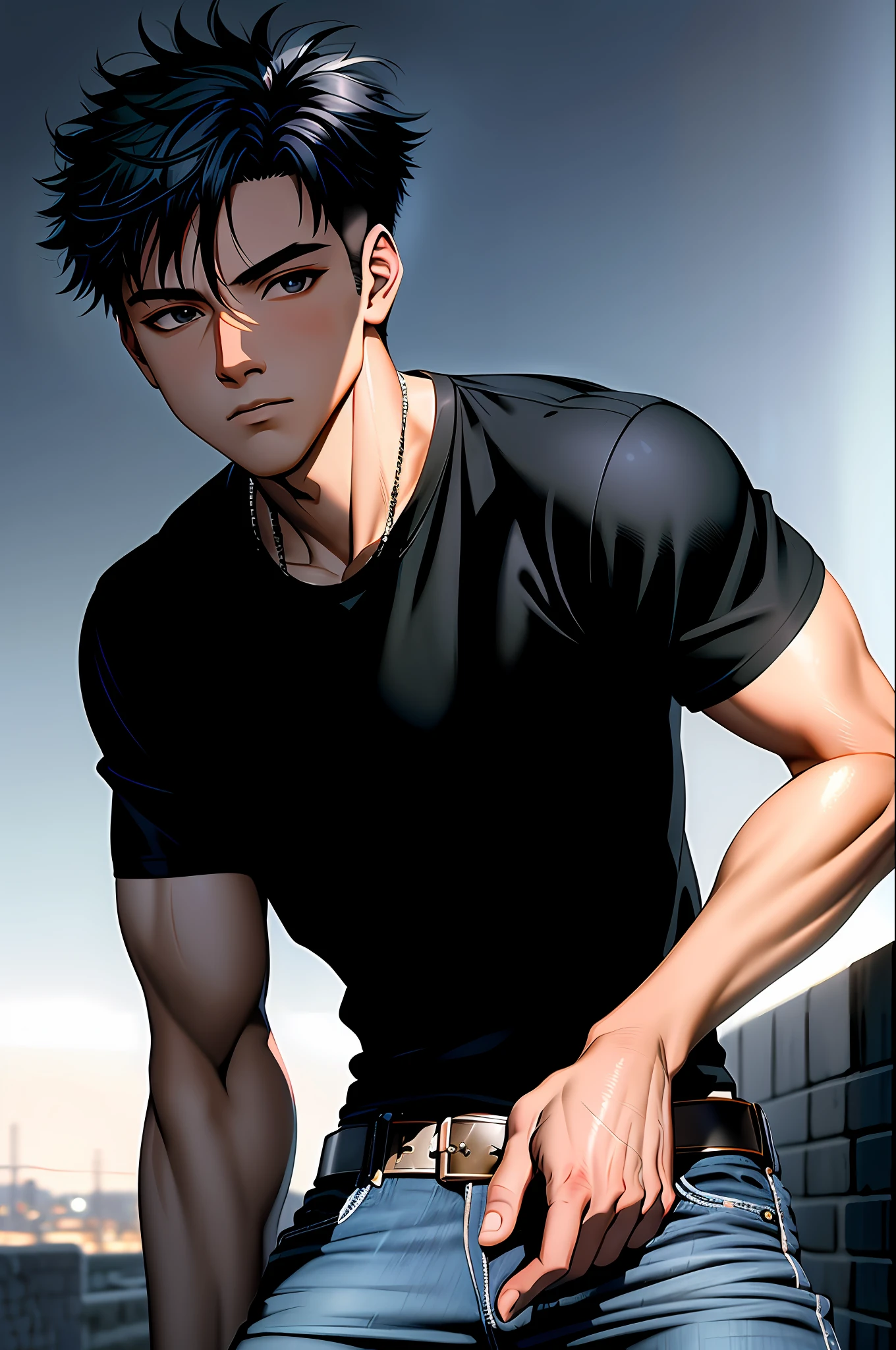 (Masterpiece, Best Illustration, Extreme Light and Shadow), 1boy, solo, (male focus: .7), black eyes, black hair, short hair, wearing black t-shirt, denim jeans, punk style, (punk: 1.5), depth of field, (night sky: 1.2), windswept hair,