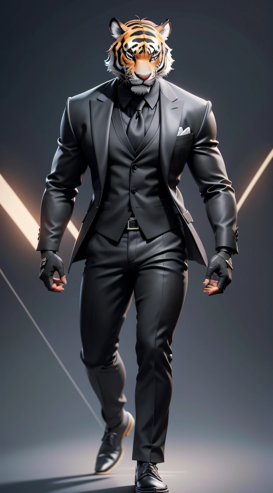 A male, tiger head, (wearing a black suit), stunning 8K character art, detailed full body concept, looking at the camera, facing the audience, standing pose, simple background, volumetric light, 8K, HD