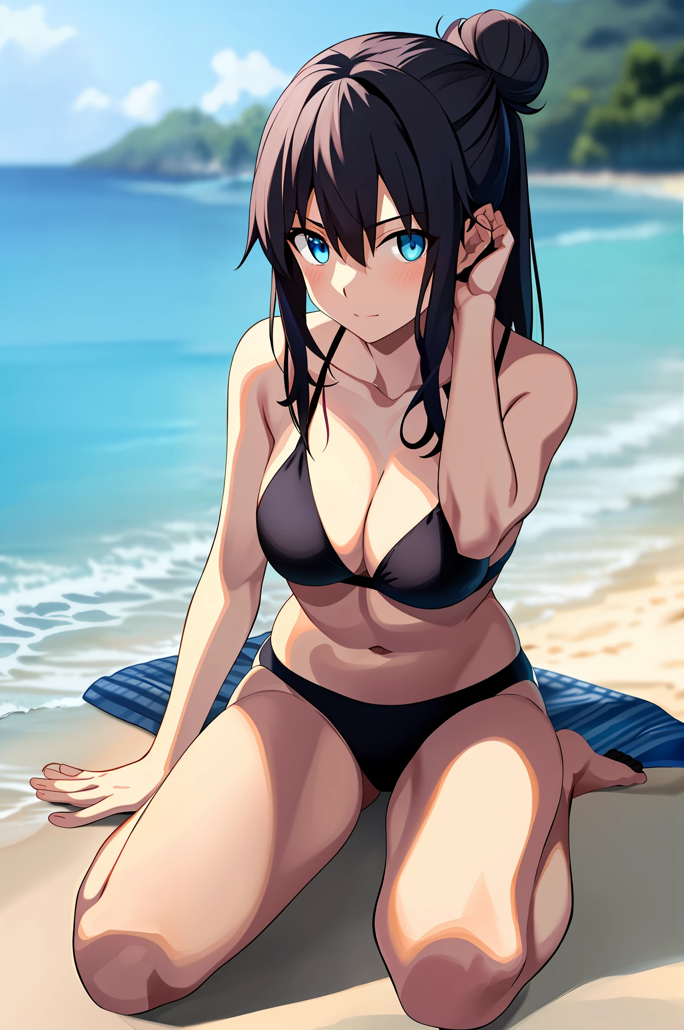 best quality, 1girl, solo, looking at viewer, black bikini, black bikini bottom, string bikini, black hair, wolfcut, shoulder length hair, hair tied in bun, blue eyes, hair between eyes, ufotable screen cap, full body, no shoes, pretty feet, beach,