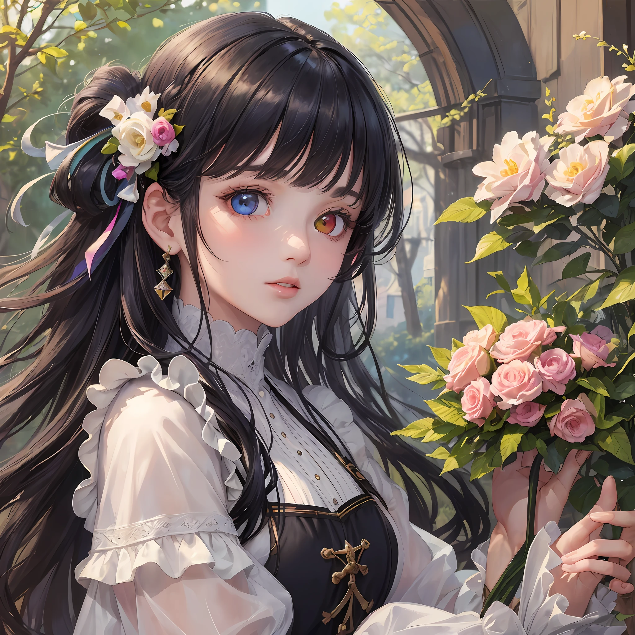 (masterpiece, superior quality, best quality, official art, beautiful and aesthetic: 1.2), (1girl:1.3), extremely detailed, (dynamic background), (soft natural lighting), wearing beautiful medieval clothes, (short black hair with bangs), (multicolored eyes+heterochromia:1.2) --s2