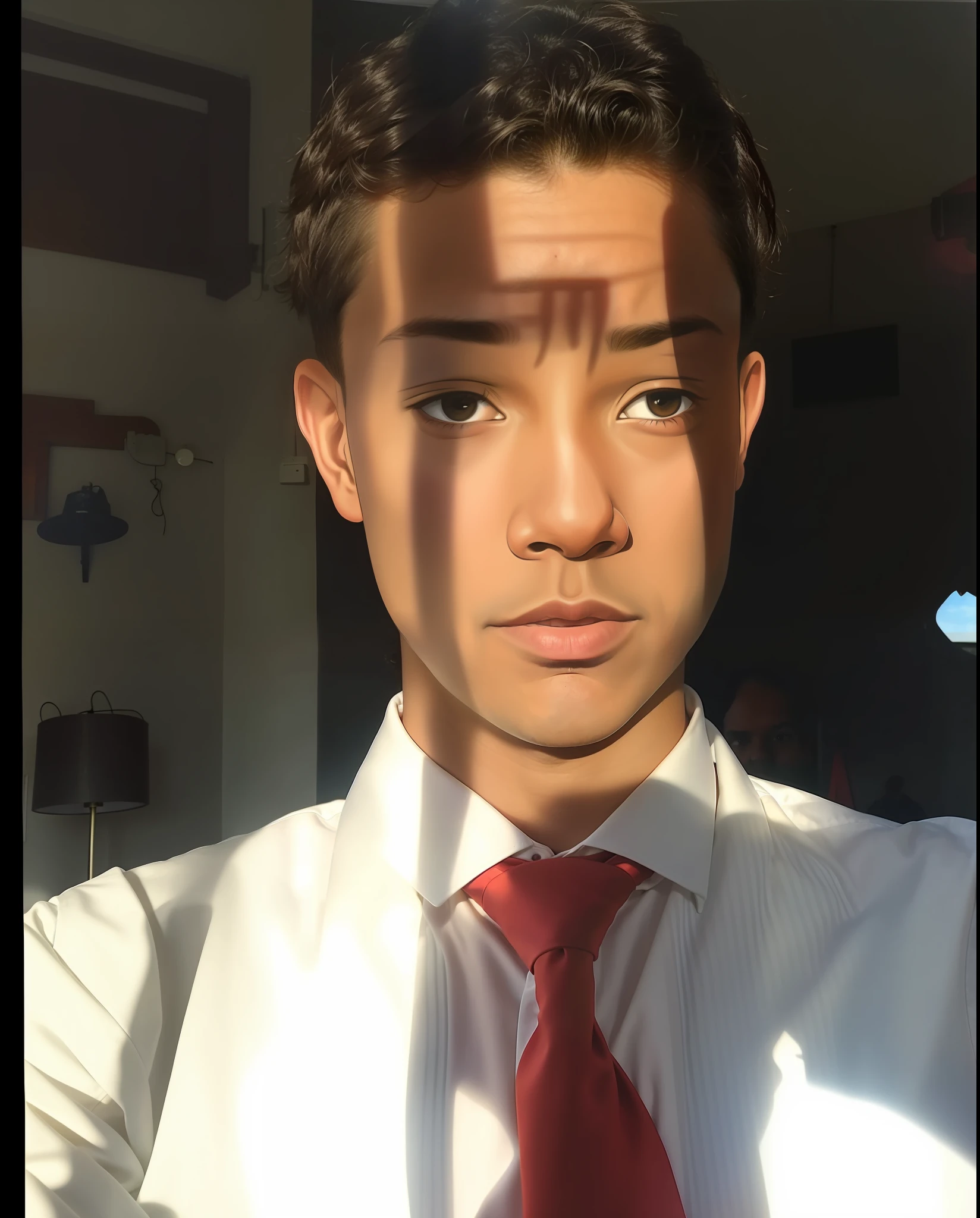 Arafed man in white shirt and red tie looking at the camera, with the sun shining on it, Tyler Mitchell style, Tyler Mitchell style photo, sun, nice afternoon lighting, morning sunlight, morning sunlight, suit and tie, suit and tie, suit and tie, suit and tie, is about
