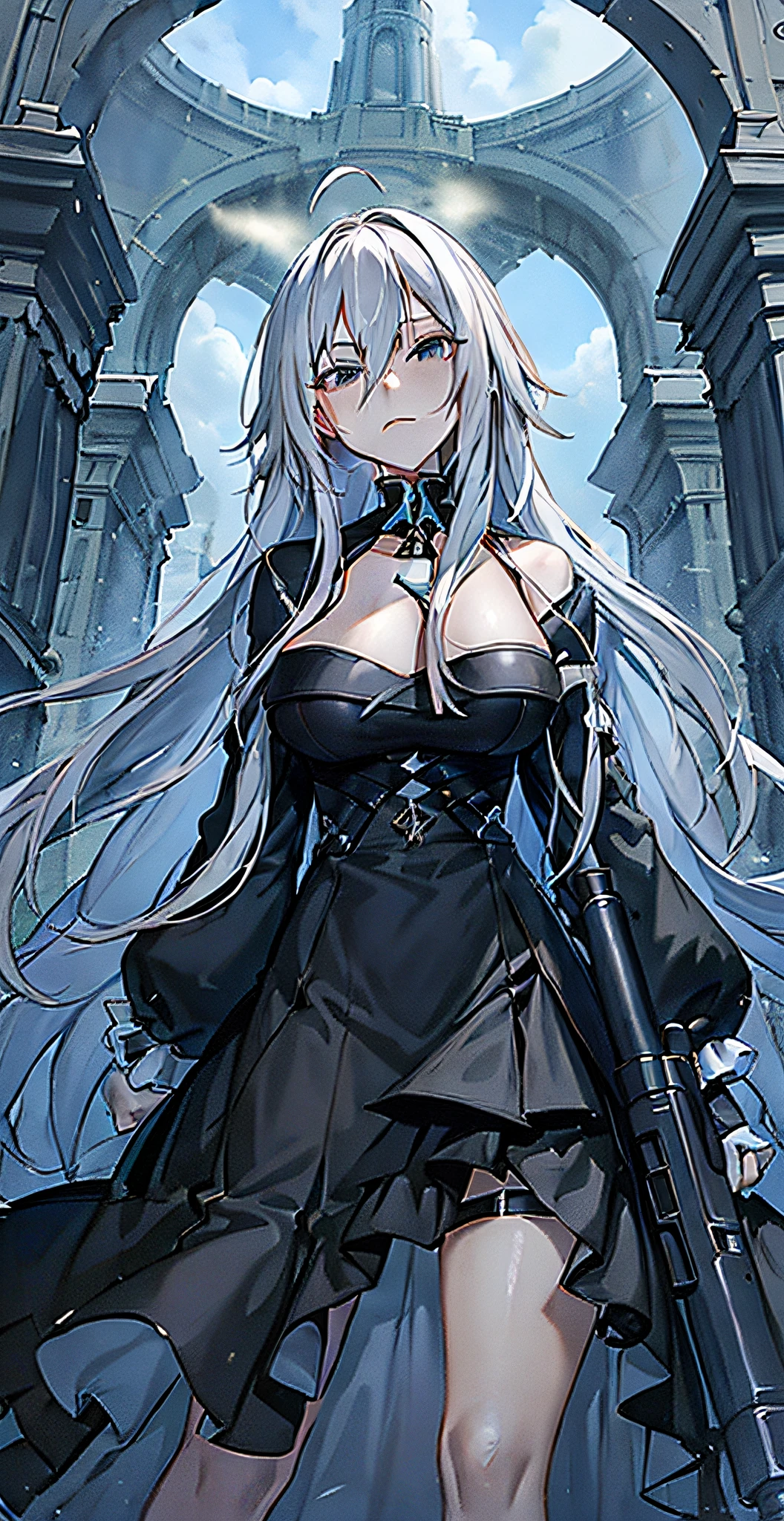 ((Anime Girl + Black Dress + Gothic Girl Anime Girl + White Hair + Seductive Anime Girl + Female Action Anime Girl + Badass Anime): 1.3+ White-Haired God), (8K + Perfect Details + Big Castle), (Front Gun), (Extreme Detail), (Big Castle Staircase Standing), (Spooky Style: 0.7+ Girl Front Style: 0.3), (Trend in PIXIV: 0.8 + Artstation: 0.2)