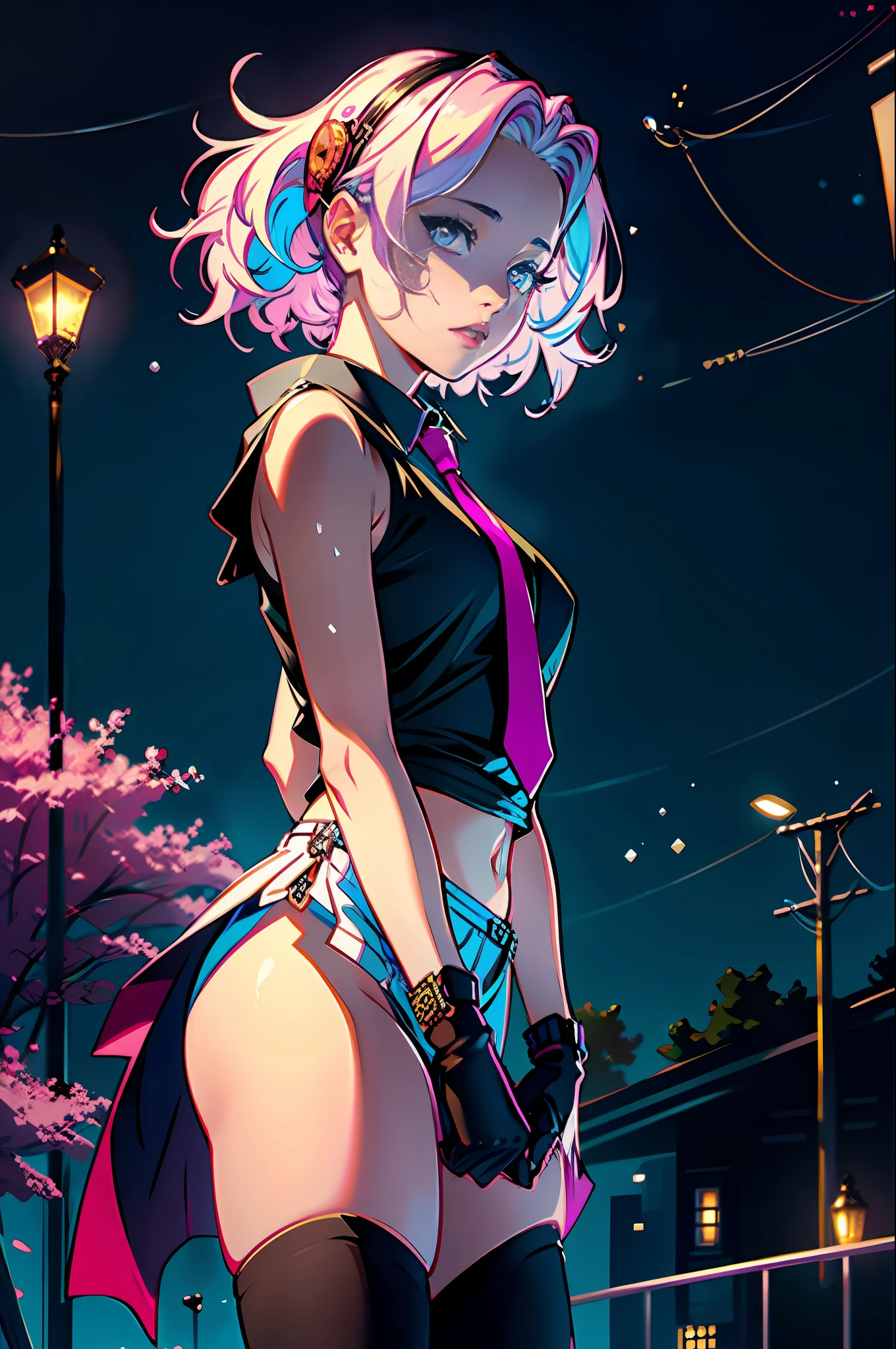 1 girl, casual clothes, princess, tie, gloves, outdoor, sky, full moon, rain, pink hair, forehead showing, short hair, blue eyes, standing, night sky, sideways, reflection, long hair, overcast sky, {{(art teacher) , (extremely detailed CG unit 8k wallpaper), best quality, solo, 1 girl, cinematic lighting, detailed background, beautiful detailed eyes, bright pupils (extremely delicate and beautiful), (beautiful and detailed description of the eye) , ultra detailed, masterpiece,}},