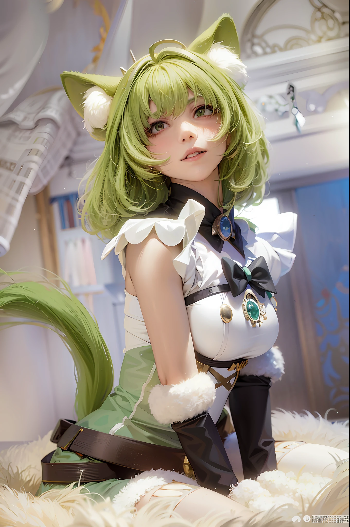 there is a woman with green hair and a cat costume, cosplay of a catboy! maid! dress, cosplay photo, nekomimi, neko, anime cosplay, anime girl cosplay, cosplay, captured on canon eos r 6, attractive cat girl, tatsumaki, female furry mini cute style, beautiful young catgirl, neferpitou, glamourous cosplay