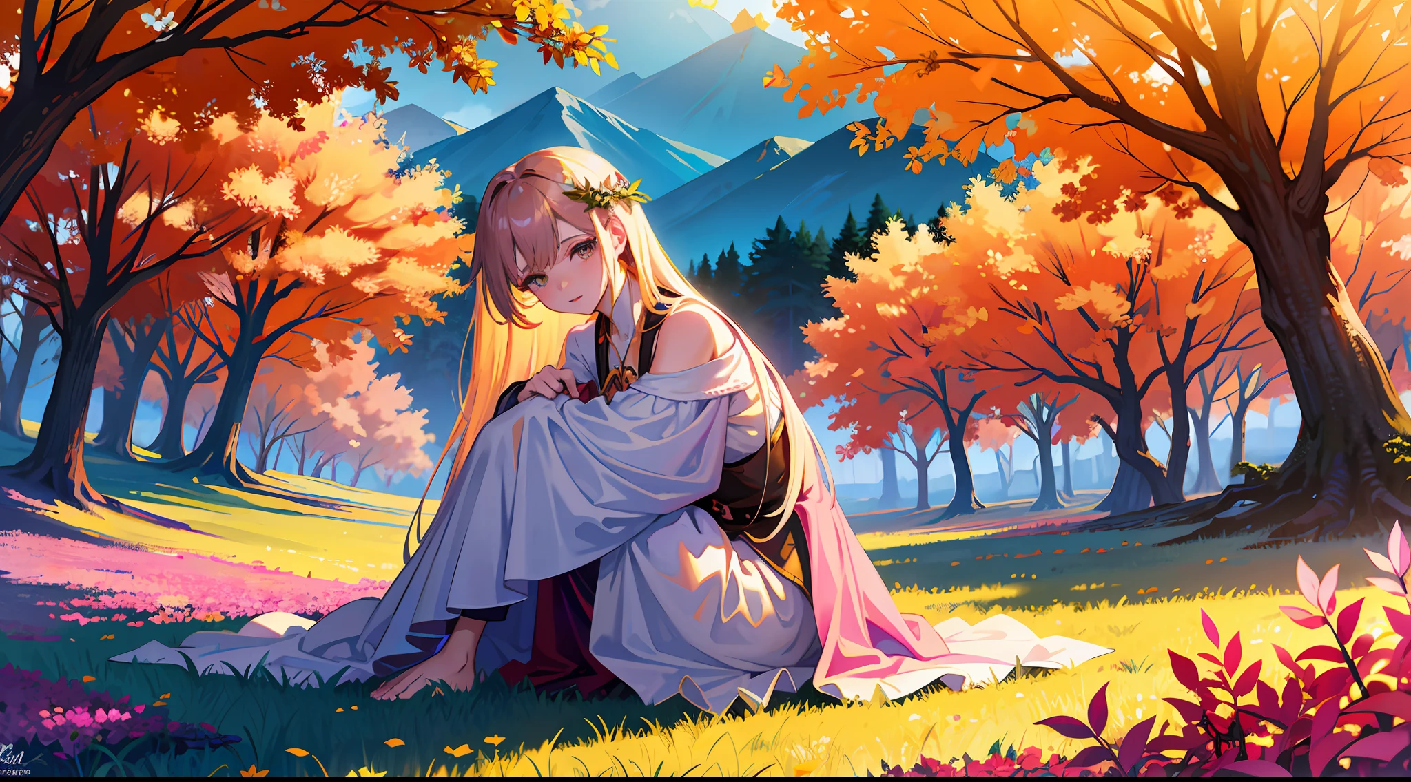 Masterpiece, top quality, high quality, highly detailed CG unity 8k wallpapers, oil paintings of beautiful landscapes, award-winning photos, bokeh, depth of field, HDR, bloom, chromatic aberration, photorealistic, highly detailed, artstation trend, CGsociety trend, complex, high definition, dramatic, art and masterpieces by mid-journey, highest quality, high quality, Highly detailed CG Unity 8k wallpaper Lush summer landscape, green hills stretching towards the horizon, purple with pink and yellow shades of wildflowers dotted with purple, volumetric lighting and masterpiece, highest quality, high quality, highly detailed CG unity 8k wallpaper Calm autumn landscape surrounded by golden, fiery red and charred orange trees. In the fresh air, the sweet smell of fallen leaves and tree smoke wafts in the air. The ground is covered with a blanket of leaves of warm color, rustling underfoot. In the distance, foggy mountain ranges rise, volumetric lighting and masterpieces, top quality, high quality, highly detailed CG Unity 8k wallpaper Tall evergreens stand tall and proud, their branches are overwhelmed by heavy snow, three-dimensional lighting, and masterpieces, the highest quality, high quality, highly detailed CG Unity 8k wallpapers. The undulating hills are covered with a green carpet, dotted with delicate wildflowers of pink, purple and yellow shades, with three-dimensional lighting,angel,cute girl,