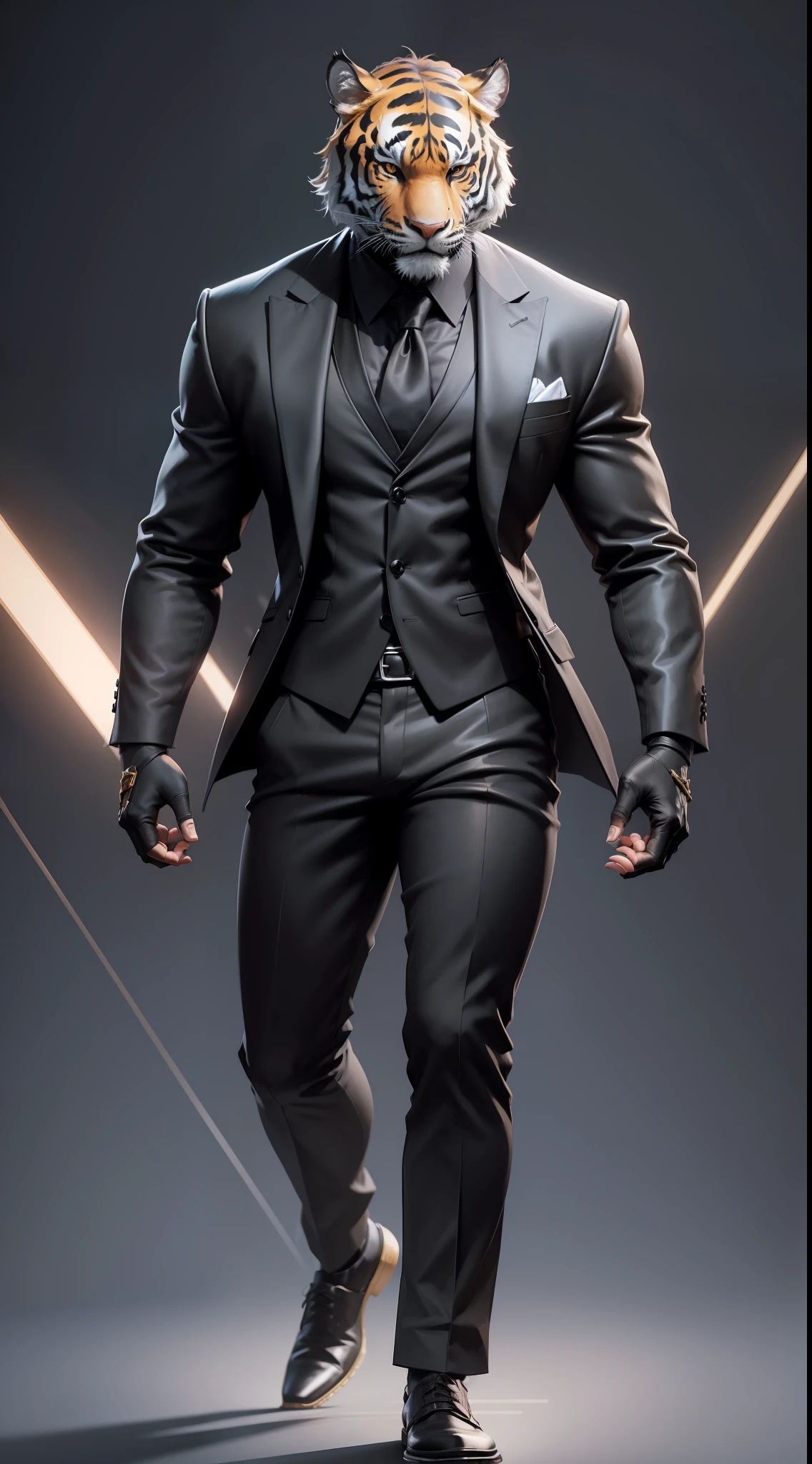 A male, tiger head, (wearing a black suit), stunning 8K character art, detailed full body concept, looking at the camera, facing the audience, standing pose, simple background, volumetric light, 8K, HD