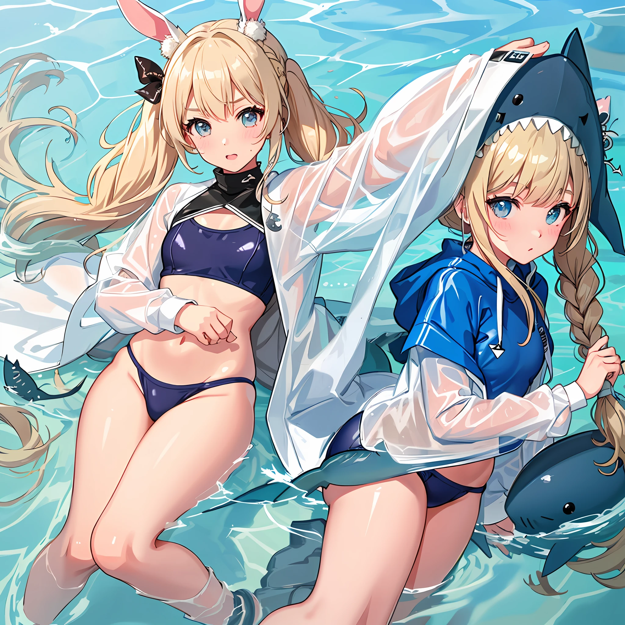 Rain poncho, school swimsuit, shark, countless sharks, underwater, active pose, rabbit ears, pigtails, small, lower breasts, city pop color, female brat, thick eyebrows, thin waist, beautiful blonde, braid, (masterpiece), ((highest quality)), (super detailed), girl, (beautiful eyes)), beautiful detailed eyes, clean and detailed face, five fingers, textile shading, perfect anatomy,