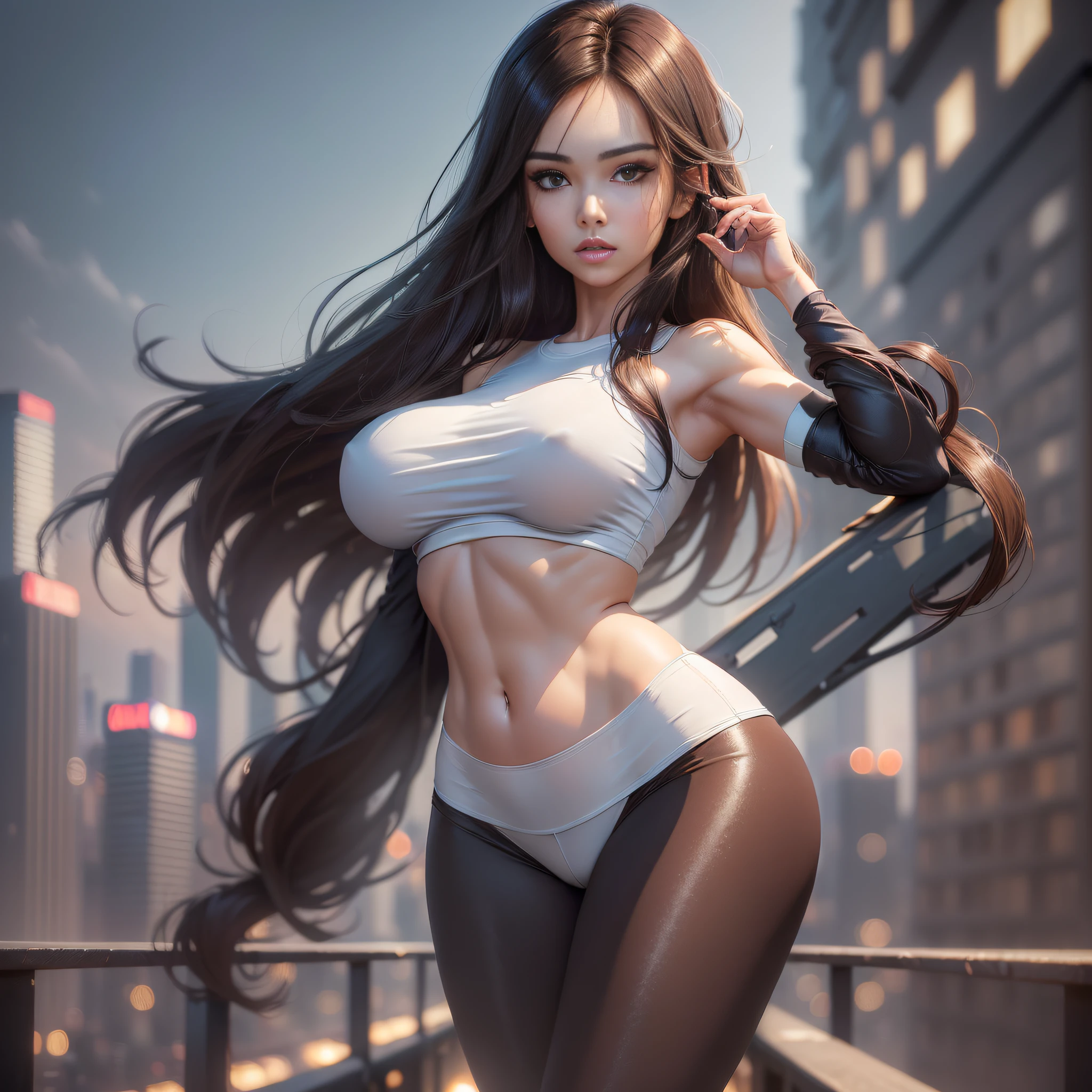 ((Best quality, 8k, Masterpiece :1.3)), Whole body, Long legs, Sharp focus :1.2, A pretty woman with perfect figure :1.4, Slender abs :1.1, ((Dark brown layered hair, Big breasts :1.2)), (White tight tshirt, Leggings, Standing:1.2), ((Night city view, Rooftop:1.3)), Highly detailed face and skin texture, Detailed eyes, Double eyelid