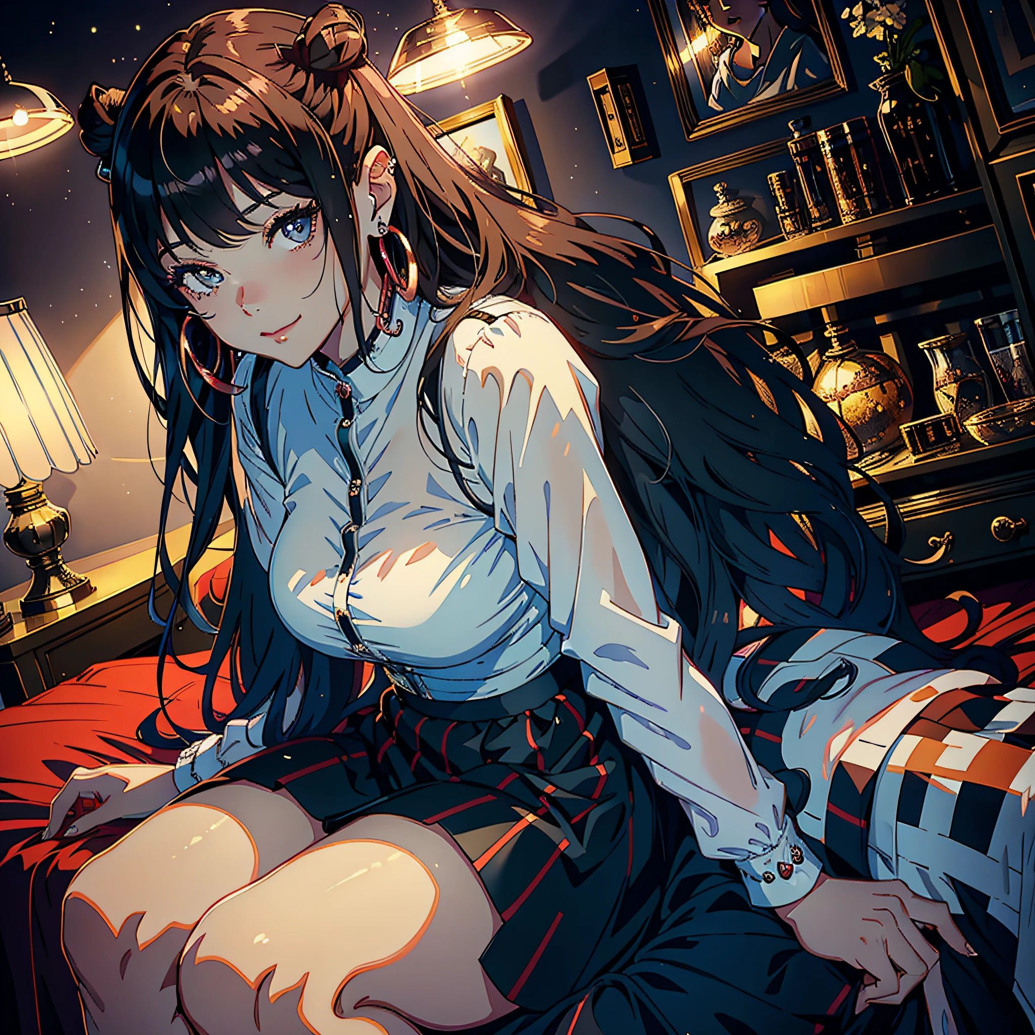 Masterpiece, high quality, romantic anime style, first-person perspective. The picture shows a sexy brunette girl sitting on the bed, wearing a white dress, earrings, and taking pills. The halo at the head of the bed illuminates her silhouette, while the mole under her pupil accentuates her charm. She smiled, her eyes shining. The scene is a bedroom
